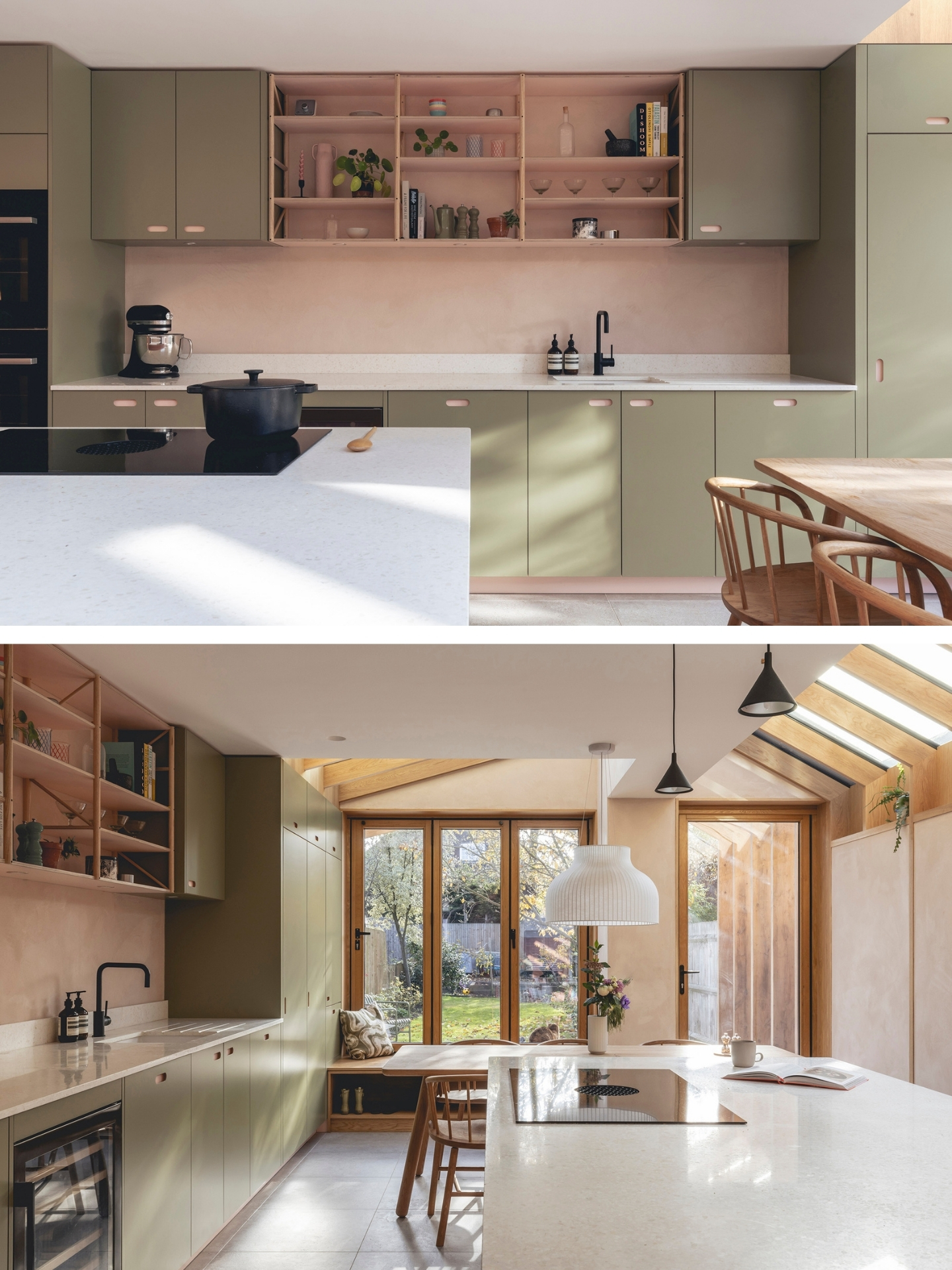 Pink and green open plan Pluck kitchen including an island with clay plaster walls and Oak wood beams.