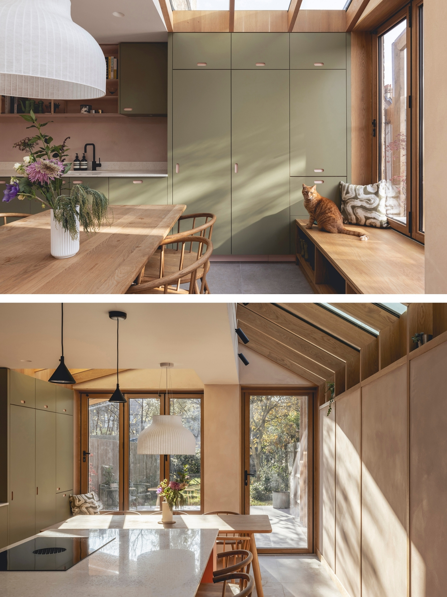Pink and green open plan Pluck kitchen including an island and plaster walls.