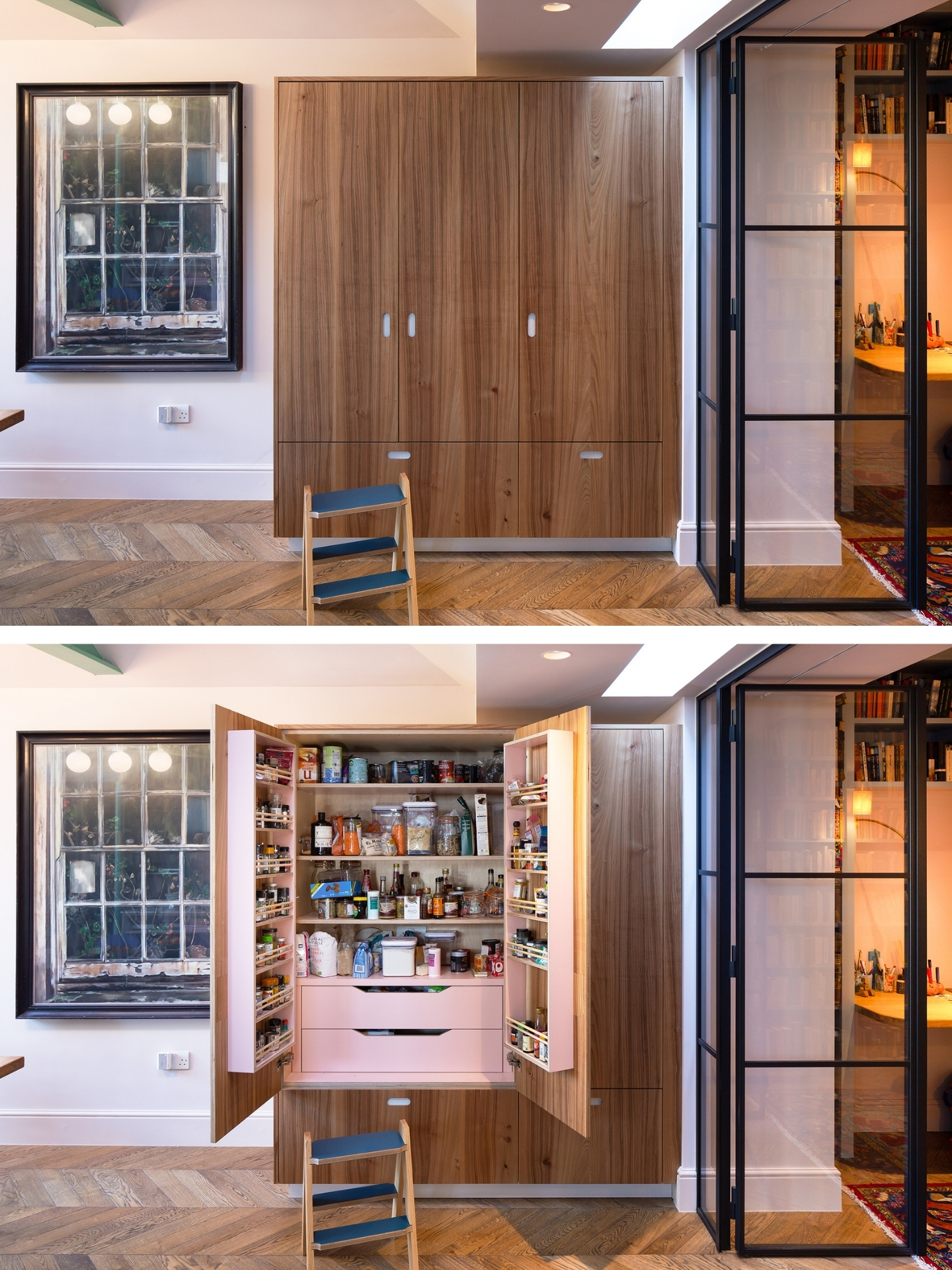 Open plan family kitchen in Balham with blue cabinets, a large terrazzo topped island and warm Elm wood tall cupboards.