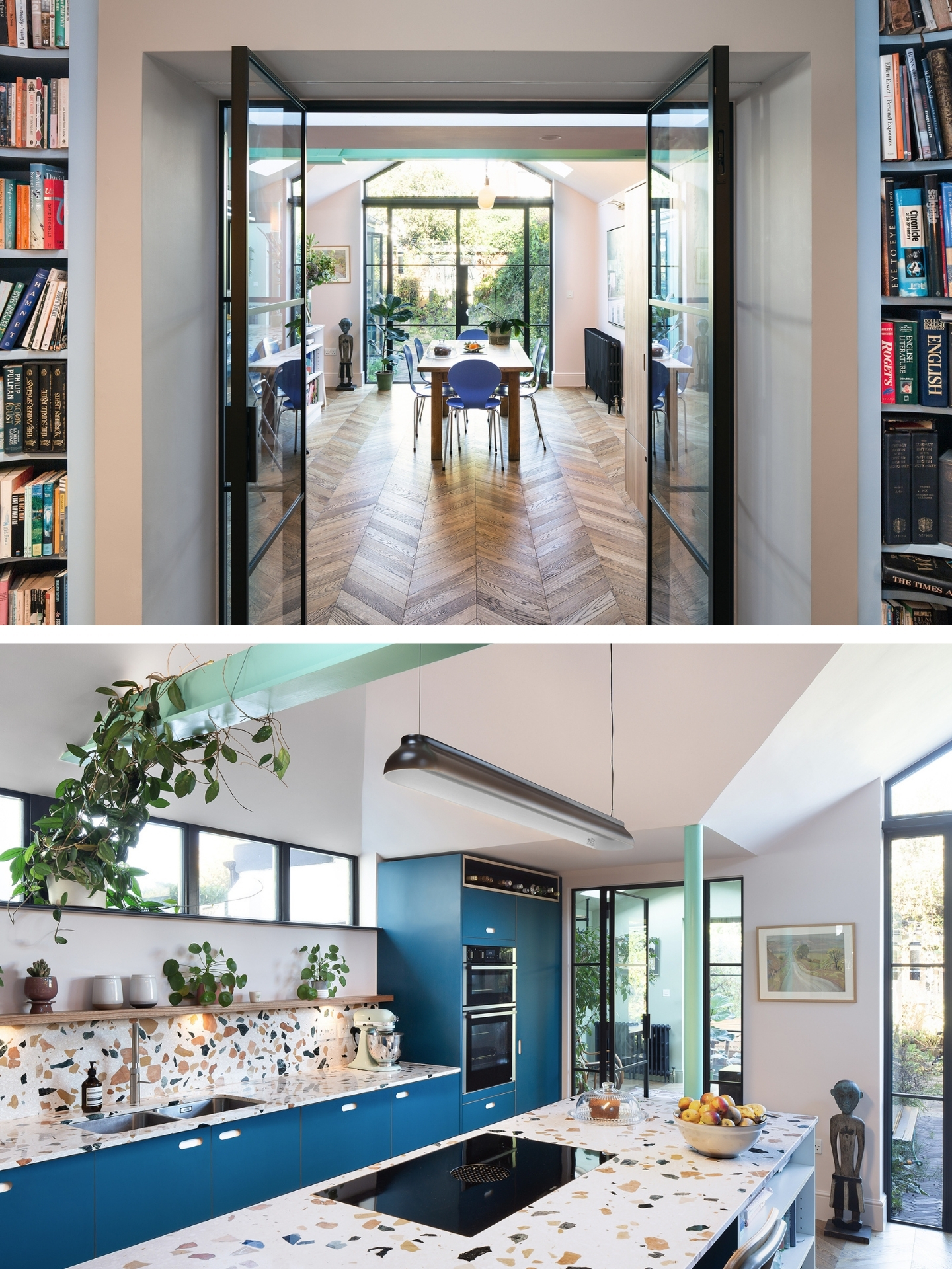 Family kitchen in Balham with an island and dining table, closely linked to the garden.