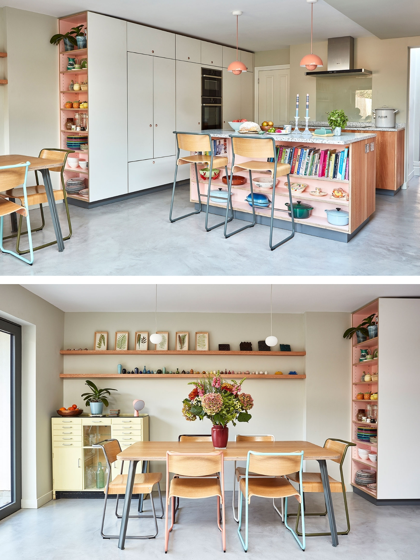 White, pink and wood kitchen with an island, terrazzo and a dining table.