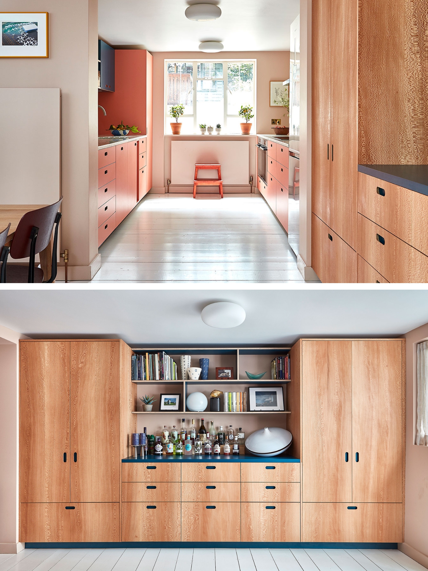 Coral pink, blue and wood galley kitchen with terrazzo in Islington.