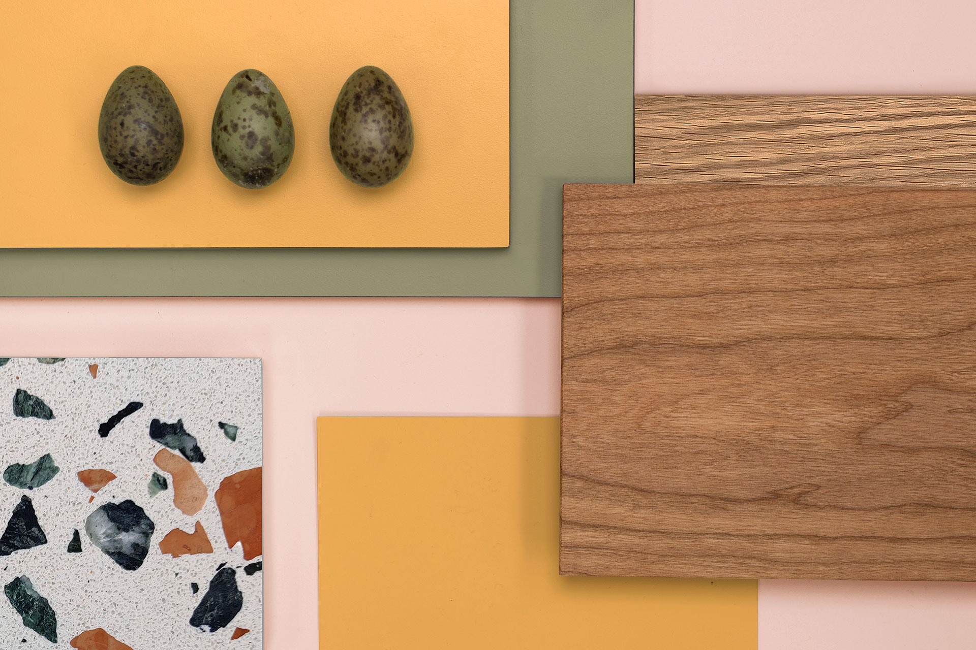 Kitchen inspiration with mustard yellow, pale pink, soft green, Oak and Cherry wood, colourful terrazzo and speckled eggs.