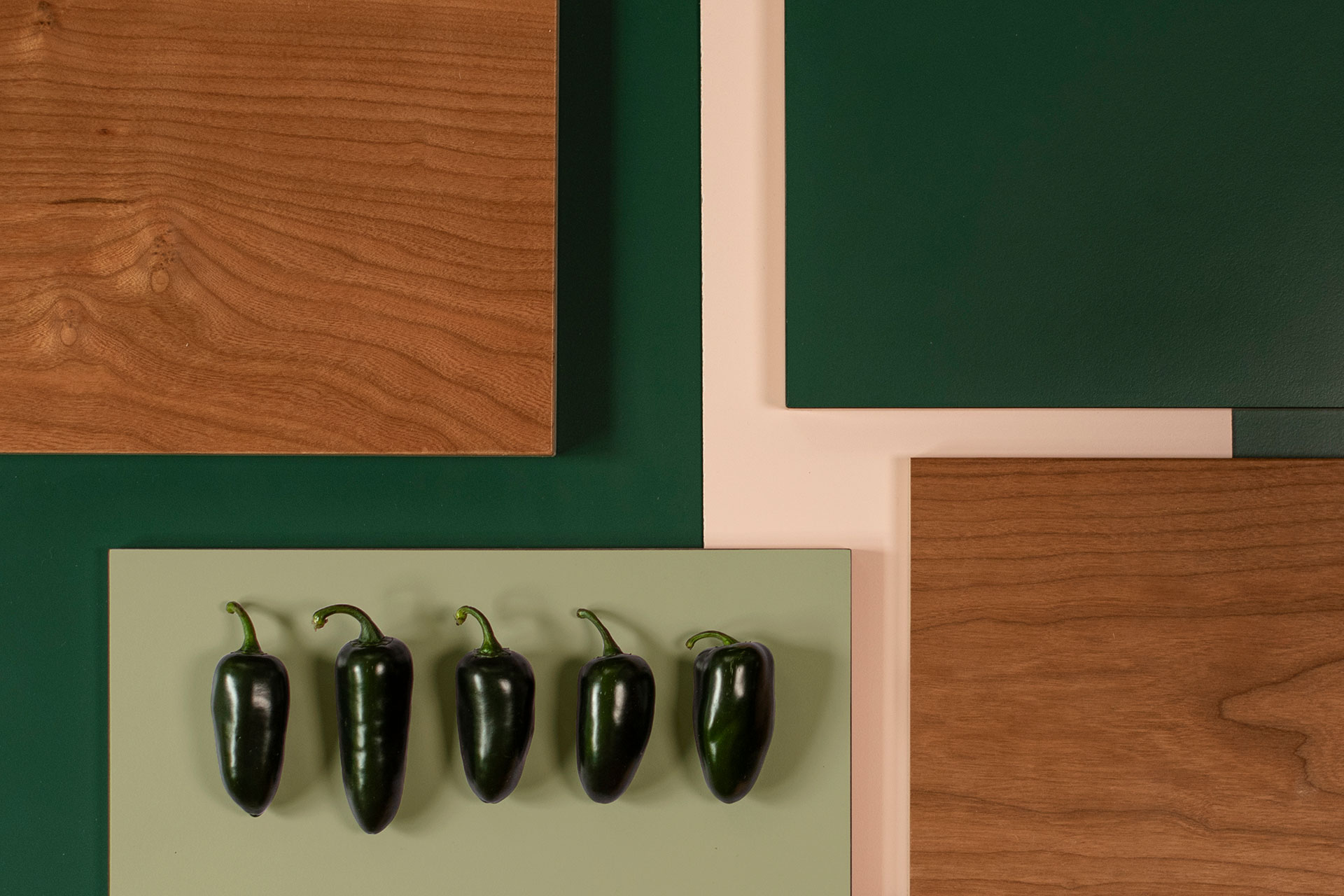 Inspiring kitchen colour palette including five green Jalapenos with Cherry wood, bottle green, khaki green and soft pink.