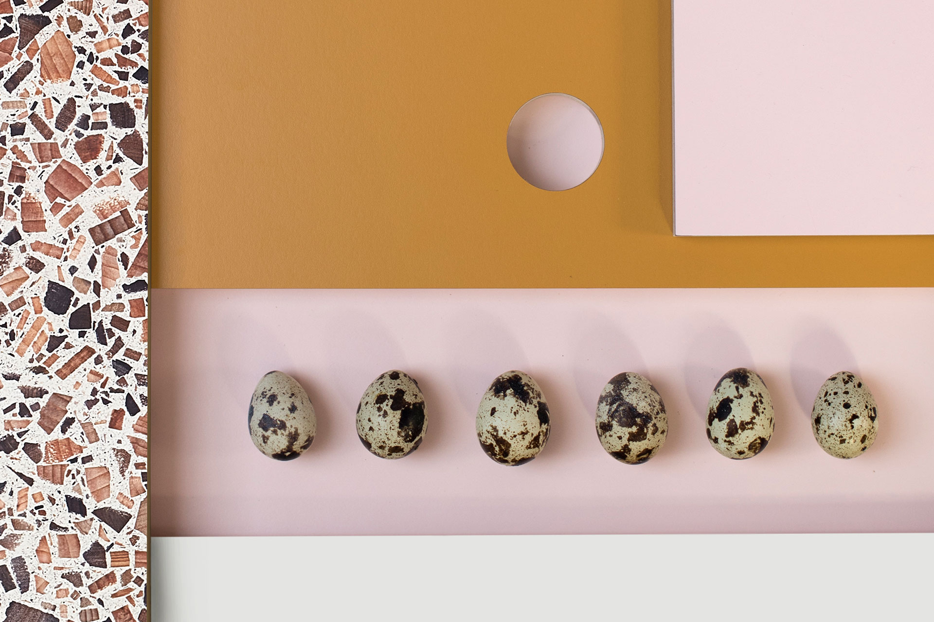Speckled quails eggs kitchen inspiration palette with mustard yellow, pale pink, white and end grain wood terrazzo worktop.