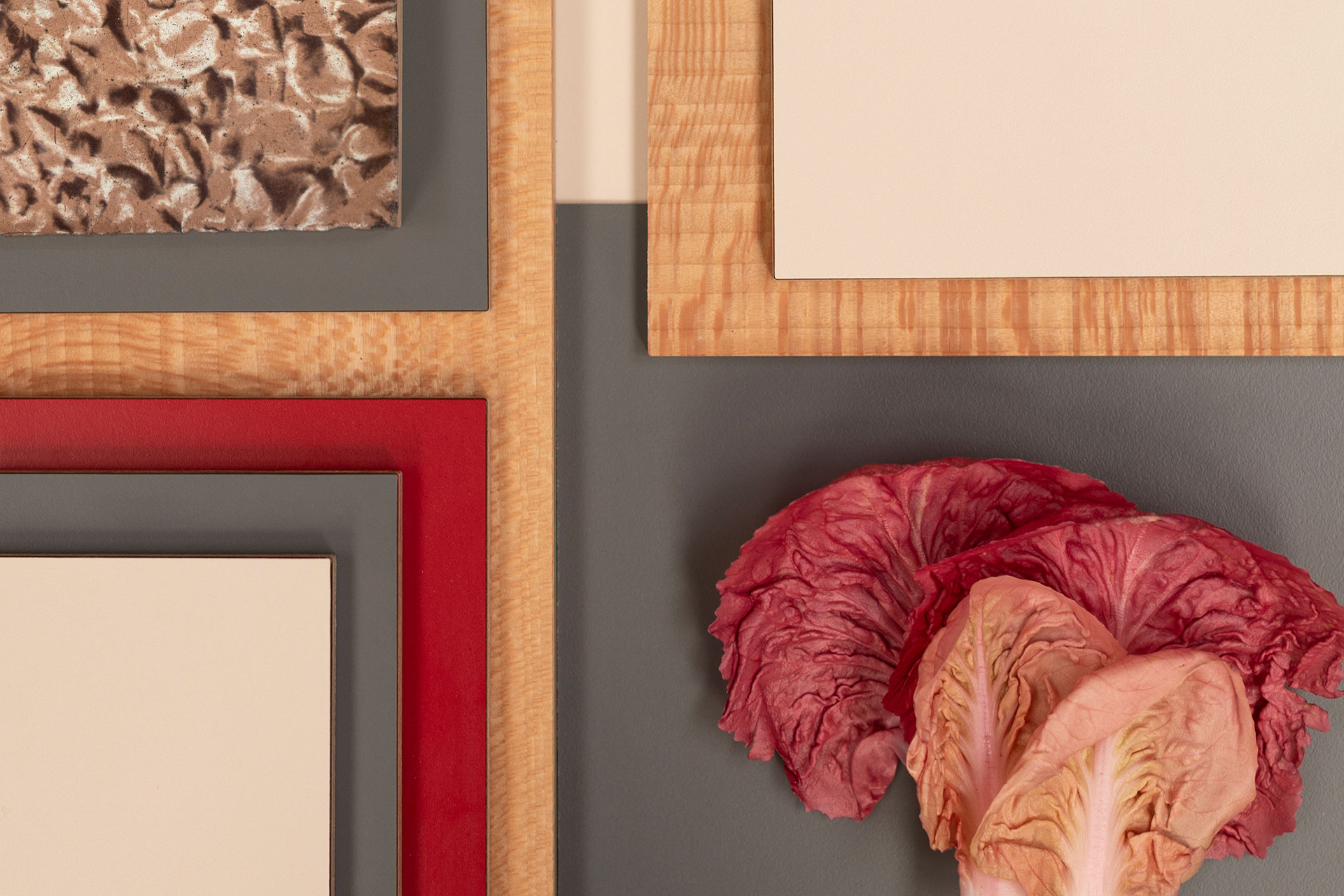 Inspiring kitchen colours and textures; pinky beige, dark grey, strong red, London Plane wood, a ceramic tile and trevisano.