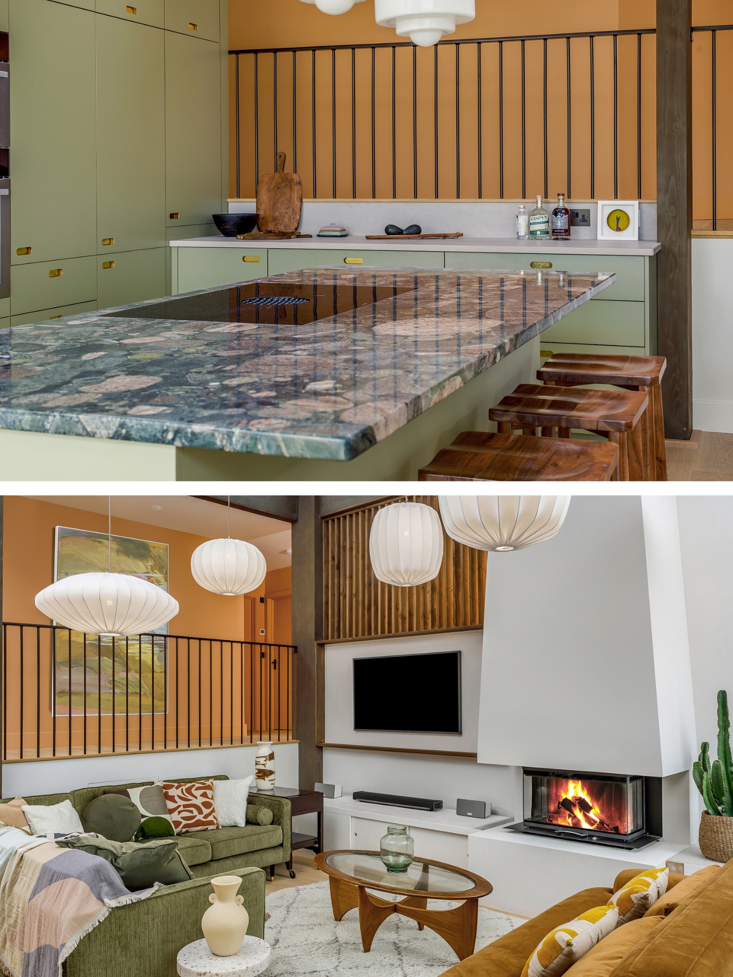 A house in Padstow that has panoramic views over Cornwall’s coast with a khaki green Pluck kitchen and brass handles.
