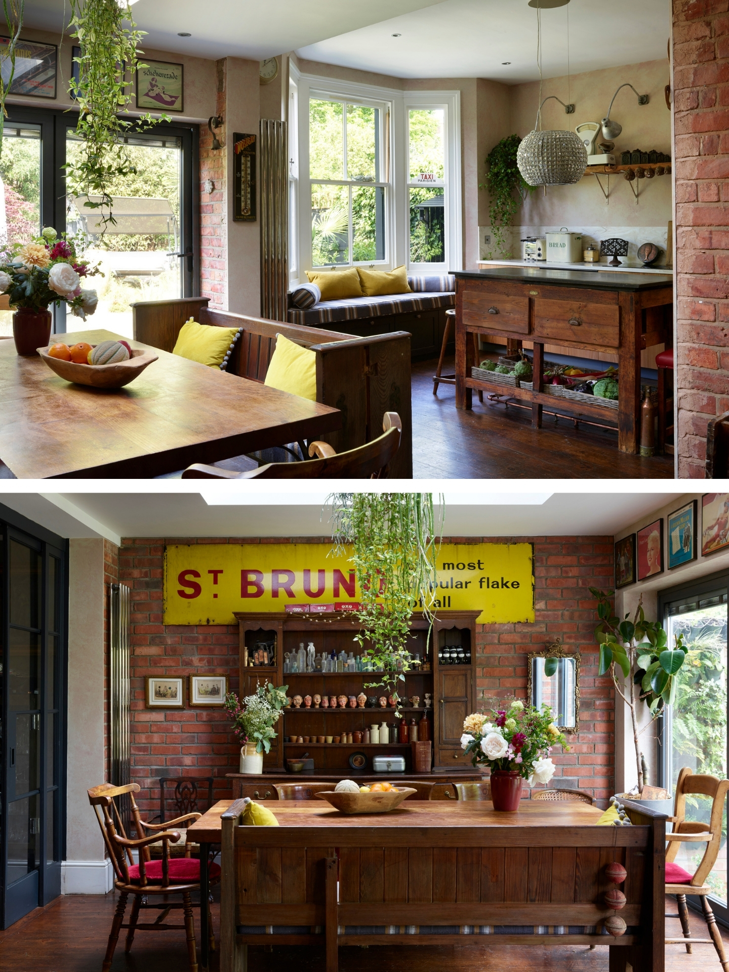 Kitchen mixing old and new with Pluck's cabinets and a freestanding vintage table island.