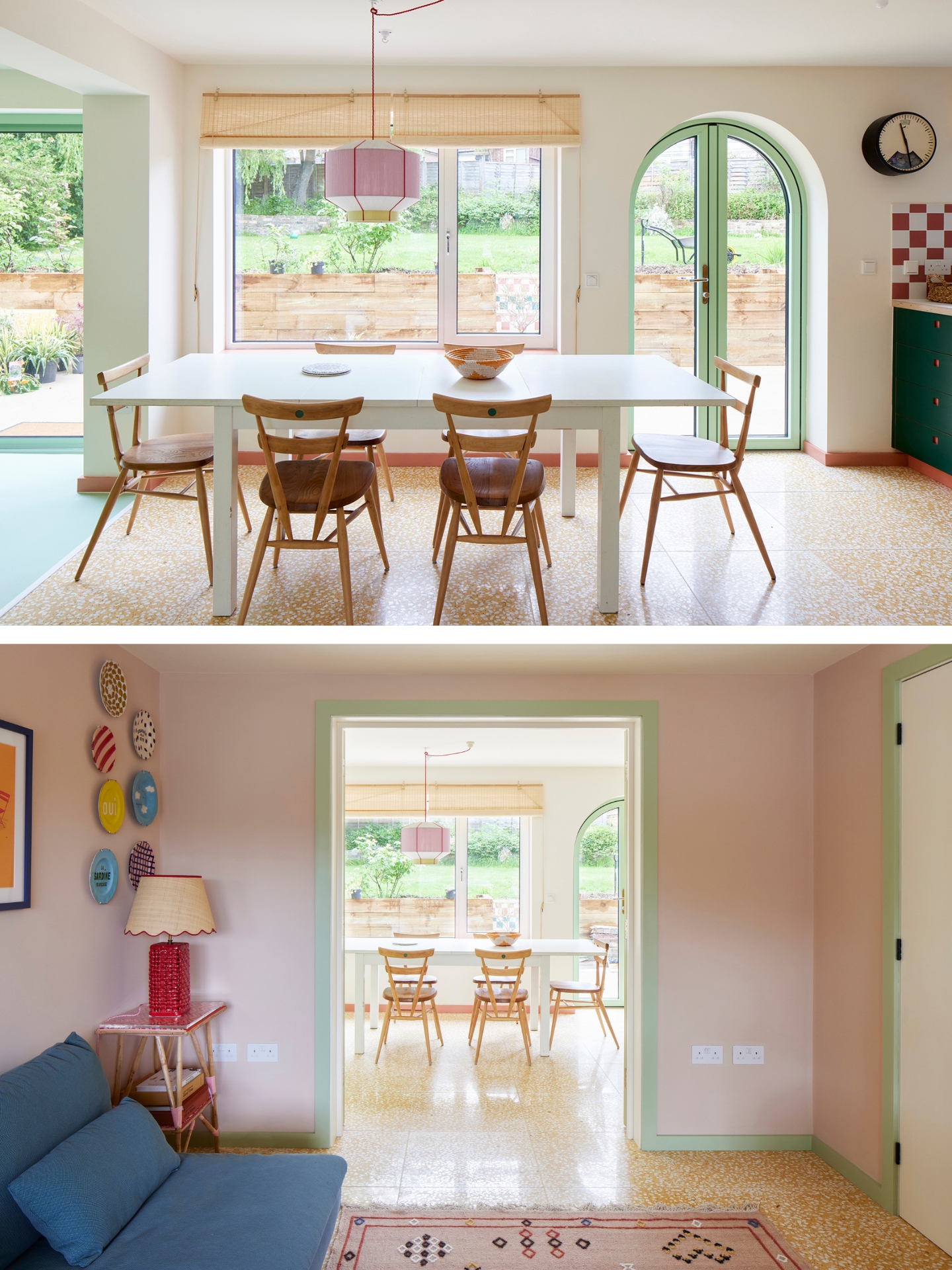Colourful kitchen with three Pluck colours, checkerboard splashback and terrazzo floor.