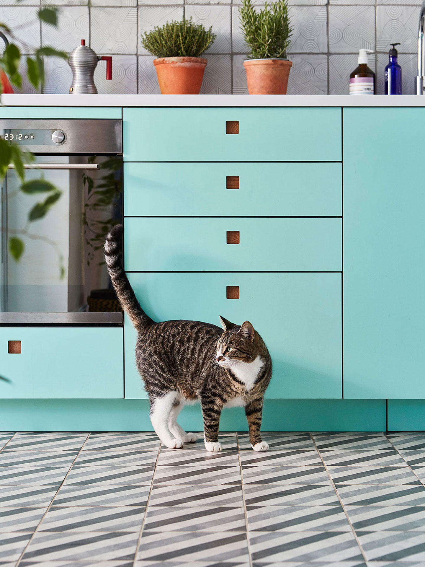 Inspiring bright blue kitchen with patterned floor tiles.