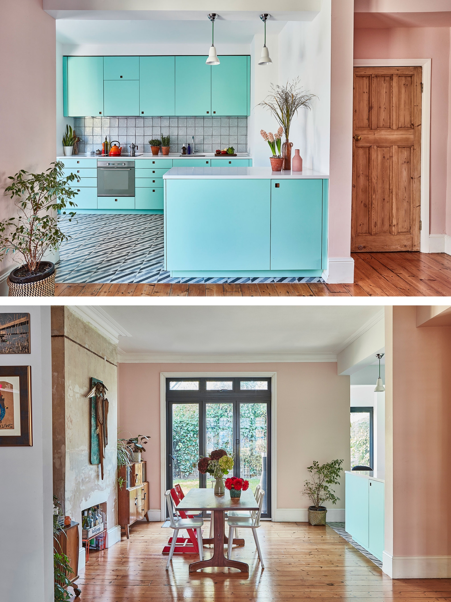 Pluck's bright blue kitchen cabinetry including a peninsula with patterned floor and splashback tiles.