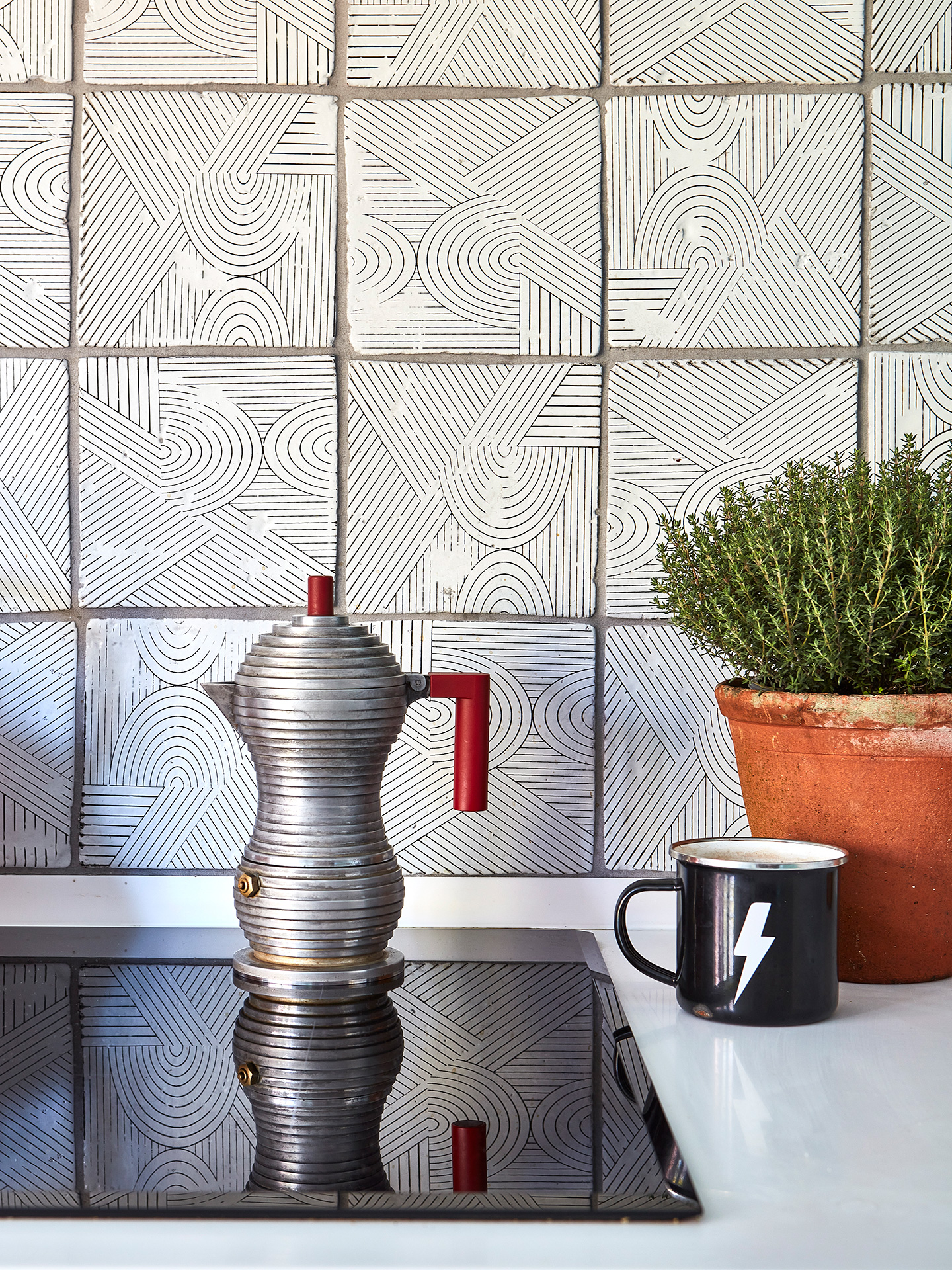Close up of a Alessi Espresso coffee maker in a Pluck kitchen