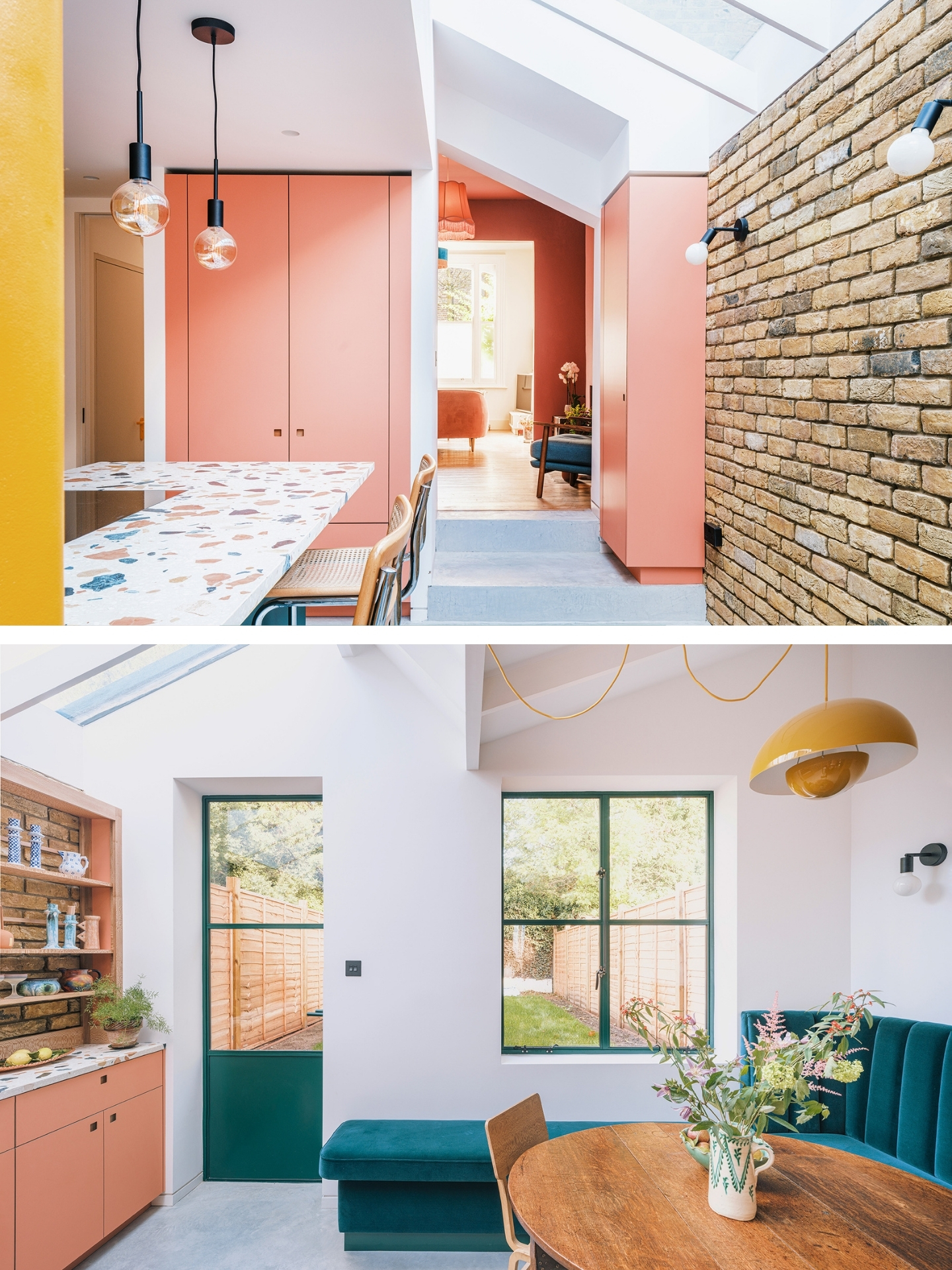 Colourful open plan kitchen with three bold Pluck hues, a Brixton dresser on an exposed brick wall and terrazzo worktops.