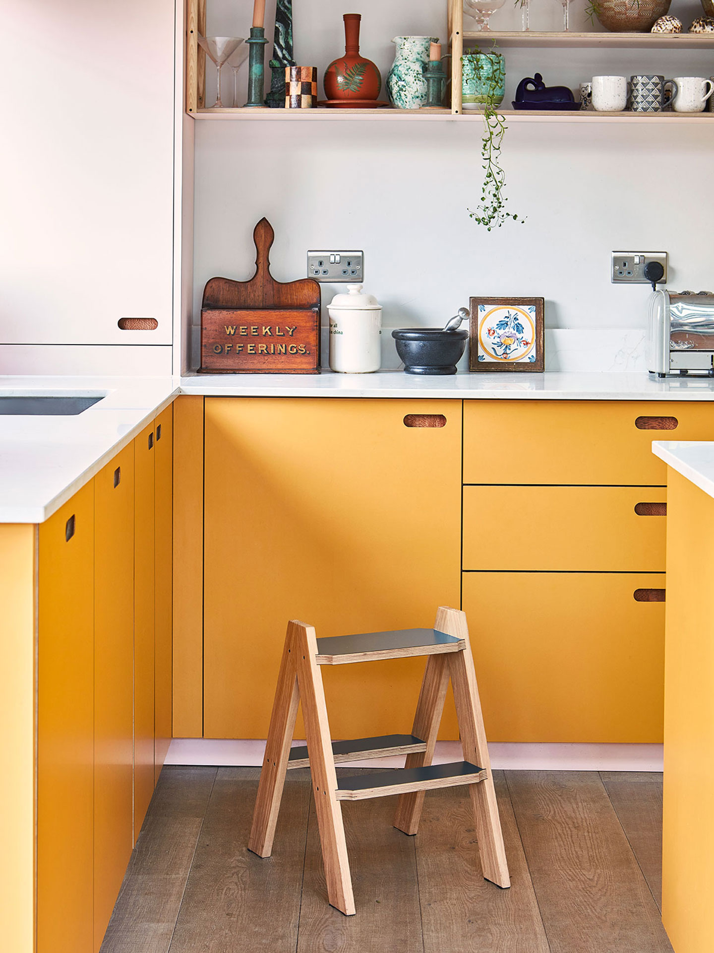 Step Stool in a family kitchen in Birmingham with a colourful palette including warm woods.