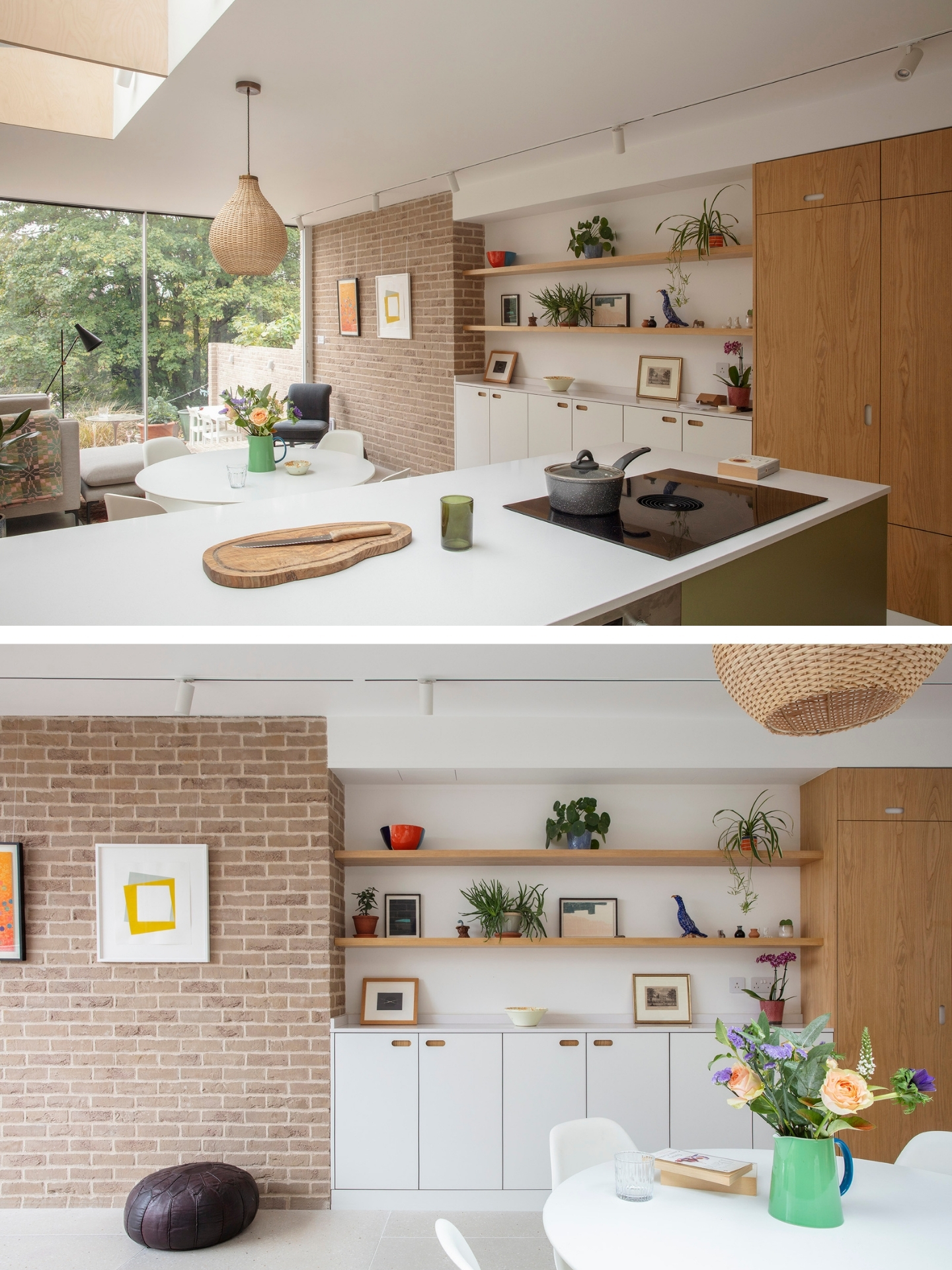 Wood, white and green kitchen with picture gallery shelving and a dining table.