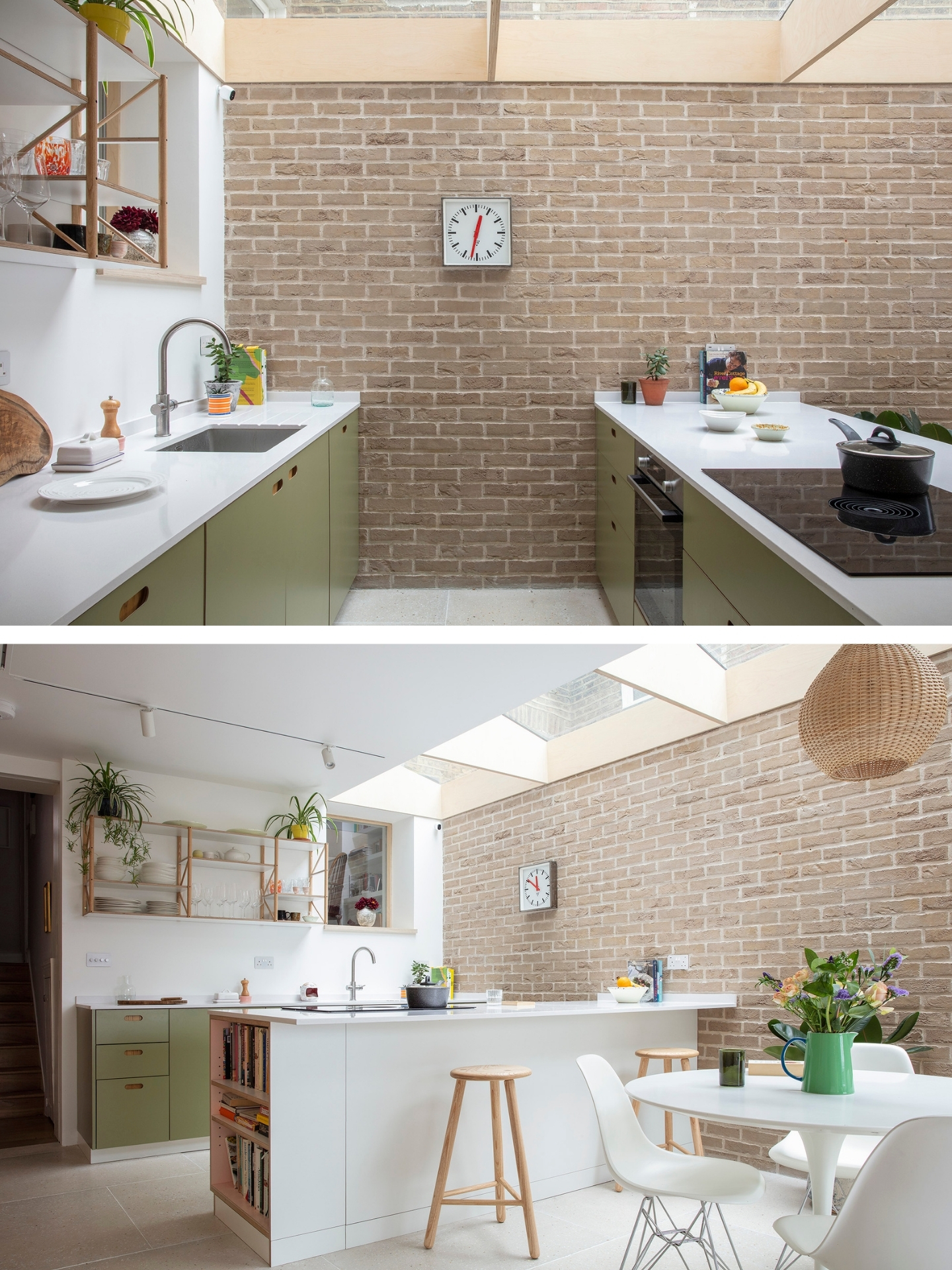 Pluck's wood, white and green cabinetry with picture gallery shelving, exposed brick walls and a circular kitchen table.