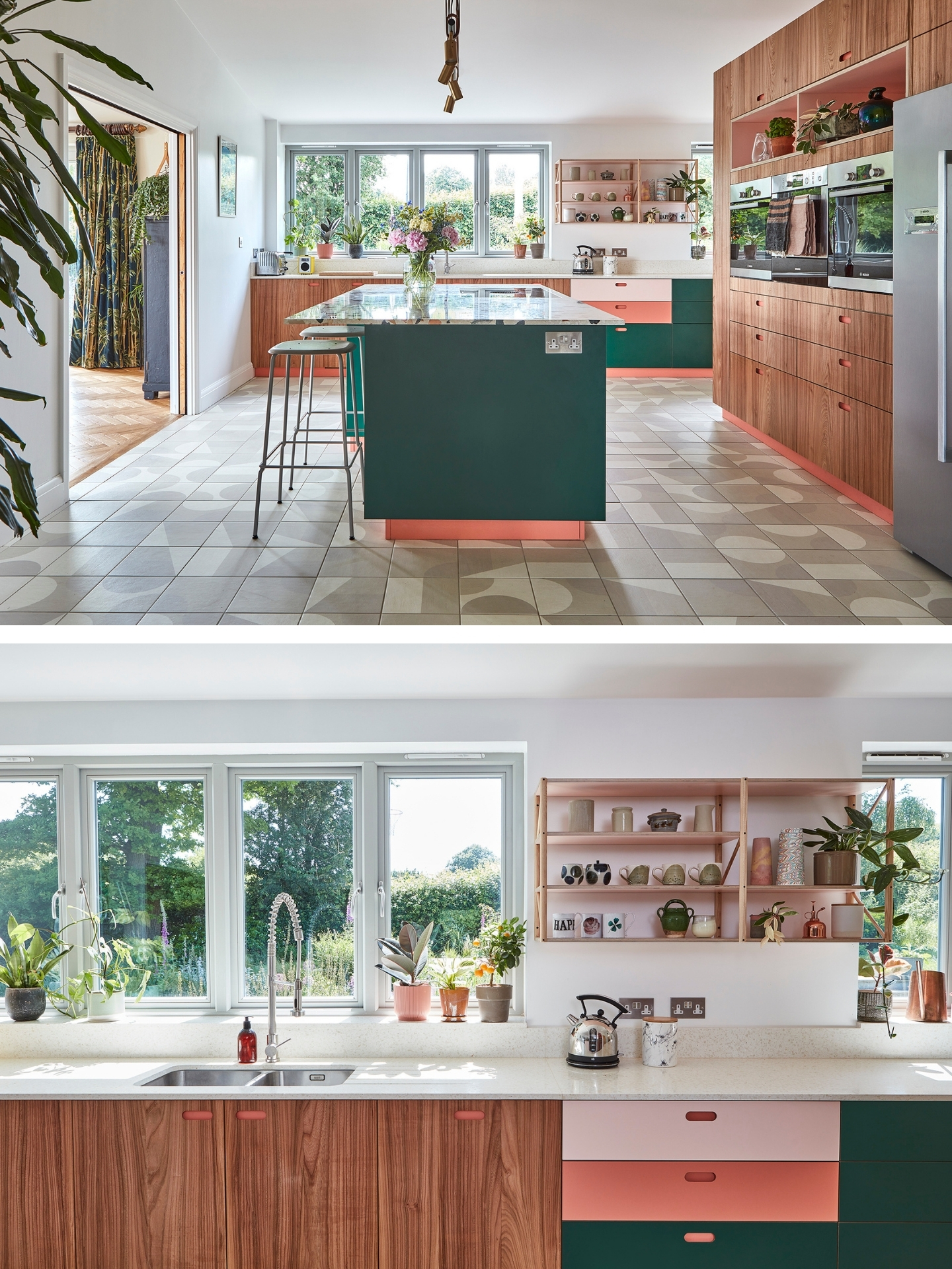Colourful pink, green and Elm wood kitchen in an eco house in Kent.