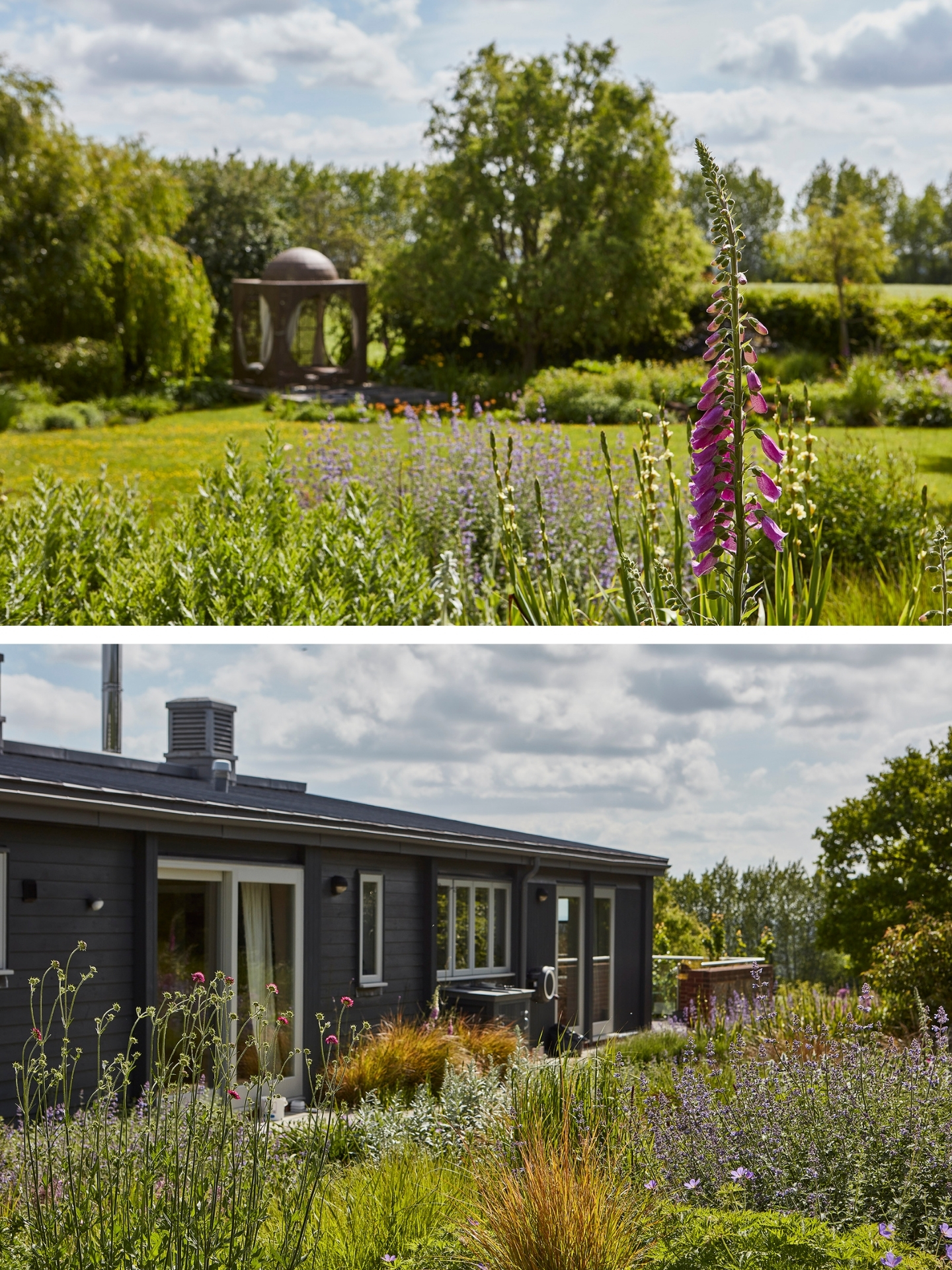 Landscaped gardens surrounds a single-story eco home in the Kent countryside.