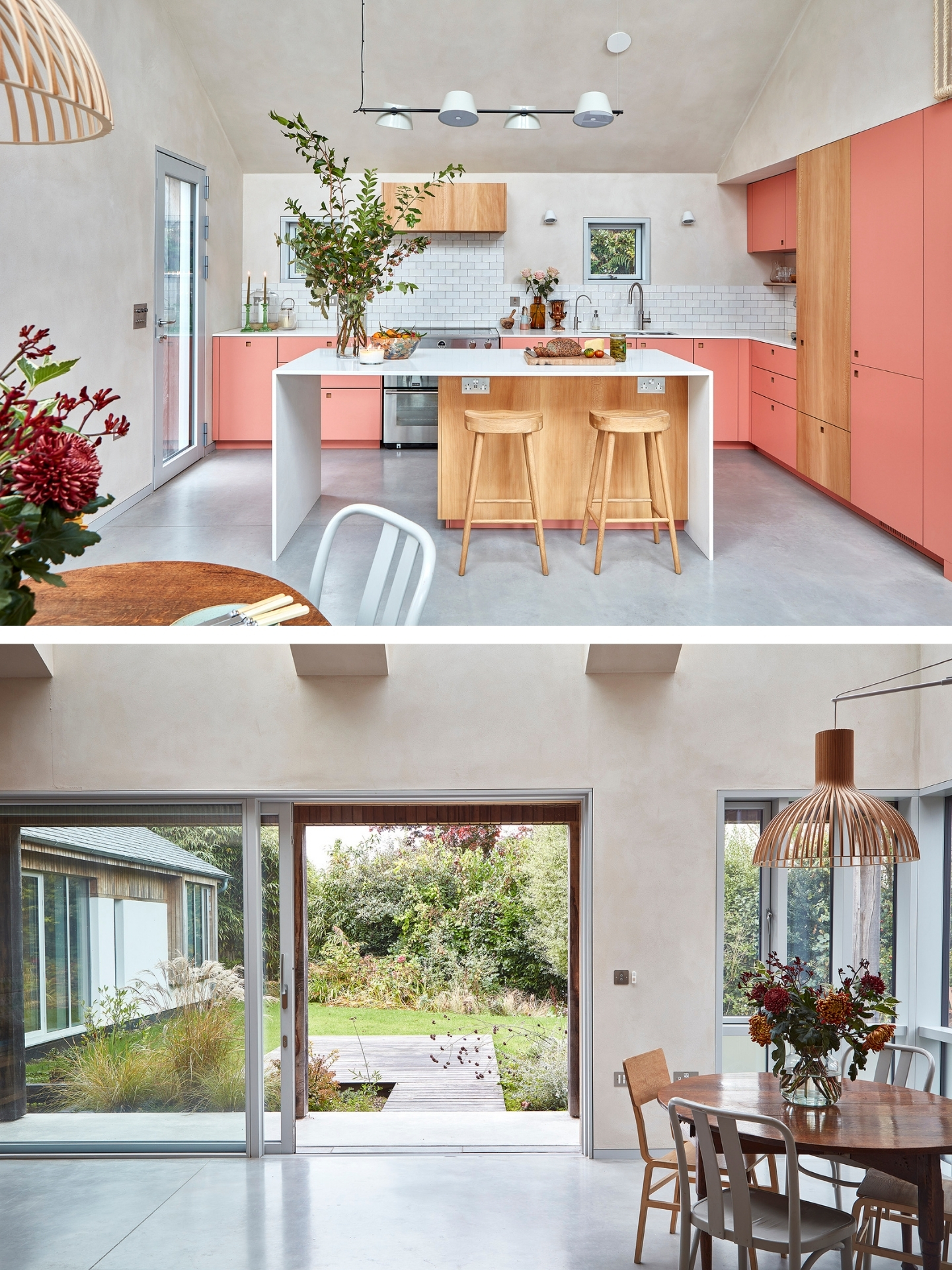 Coral pink and London Plane wood Pluck kitchen in a New Forest Eco home with a waterfall edge island.