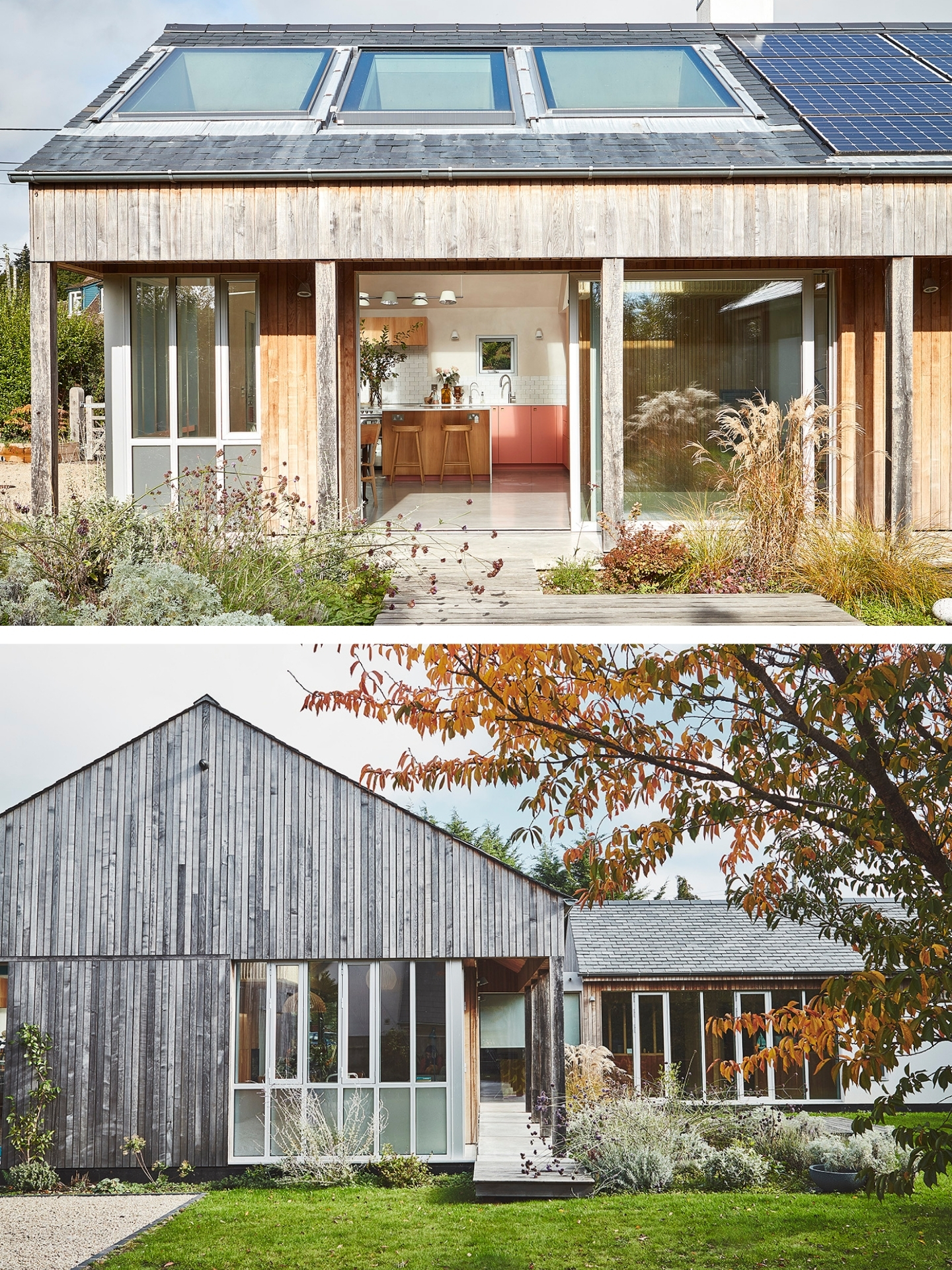 New Forest eco home with London Plane wood and coral pink cabinets.