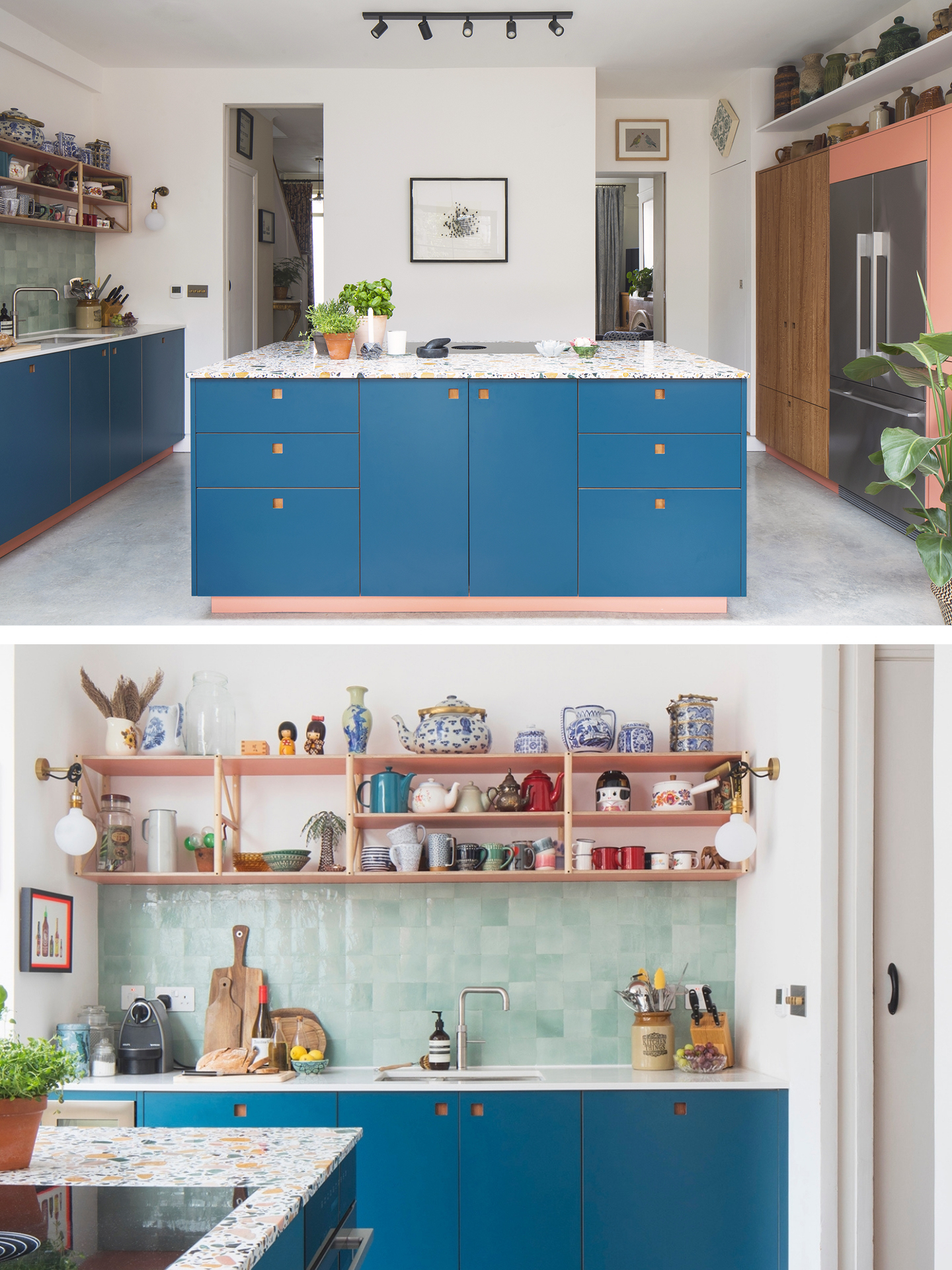 Kitchen including a rich blue, terrazzo topped island, London Plane wood and pink cabinetry.