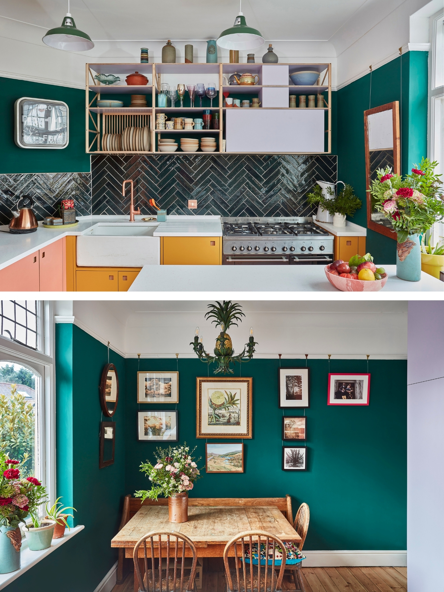 Colourful Pluck kitchen including coral pink, mustard yellow and lilac cabinetry with glossy green tiles and walls.