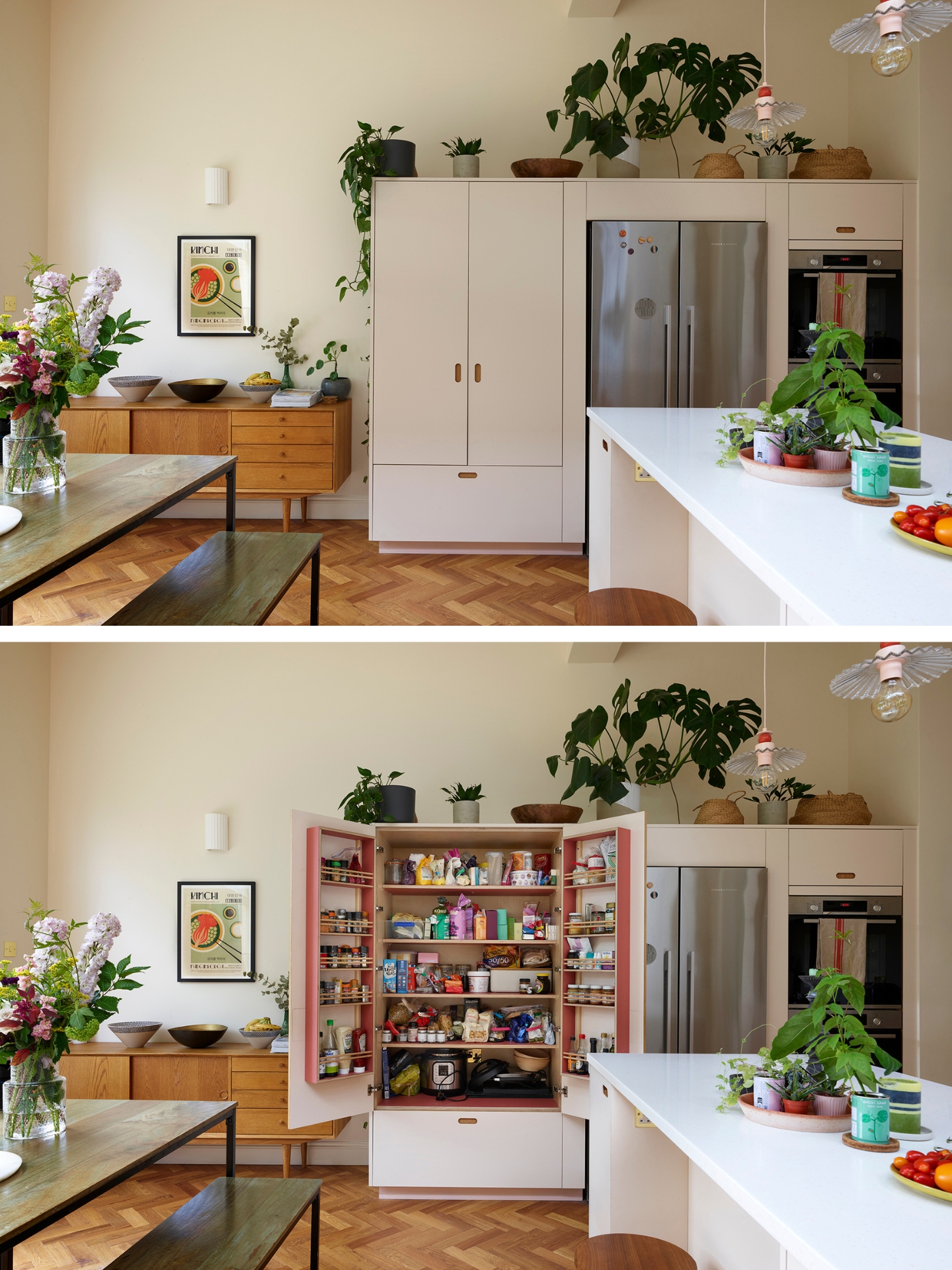 Neutral hues in an open plan family kitchen with a larder, island, dining table and green glazing.