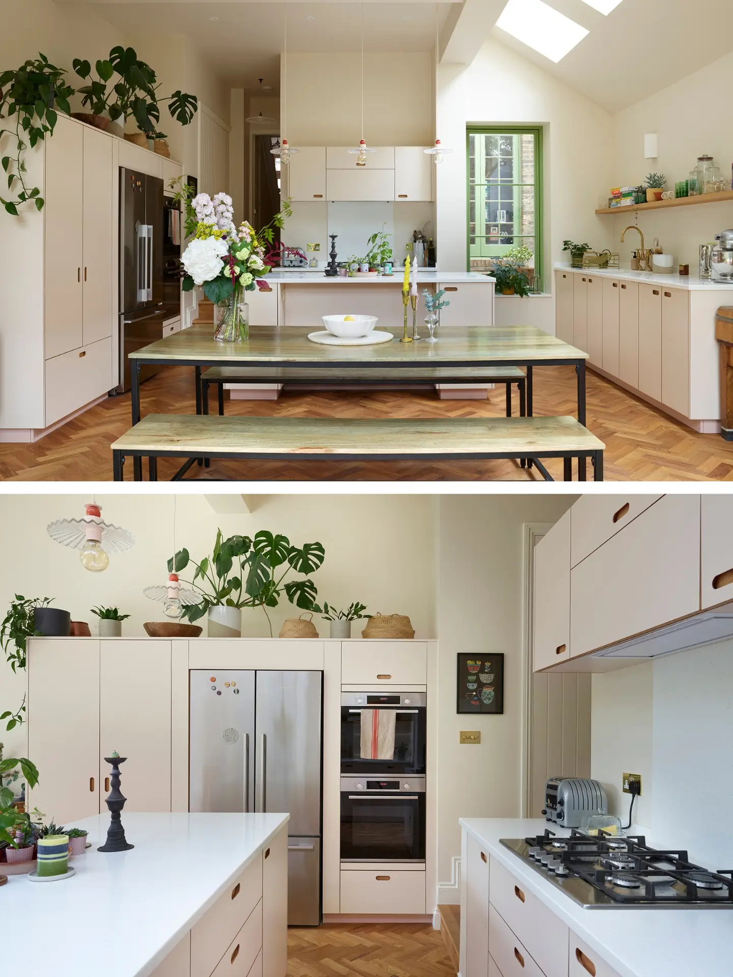Celebrating neutral hues with beige and soft pink cabinetry in an open plan kitchen and dining area with green glazing and wood floor.