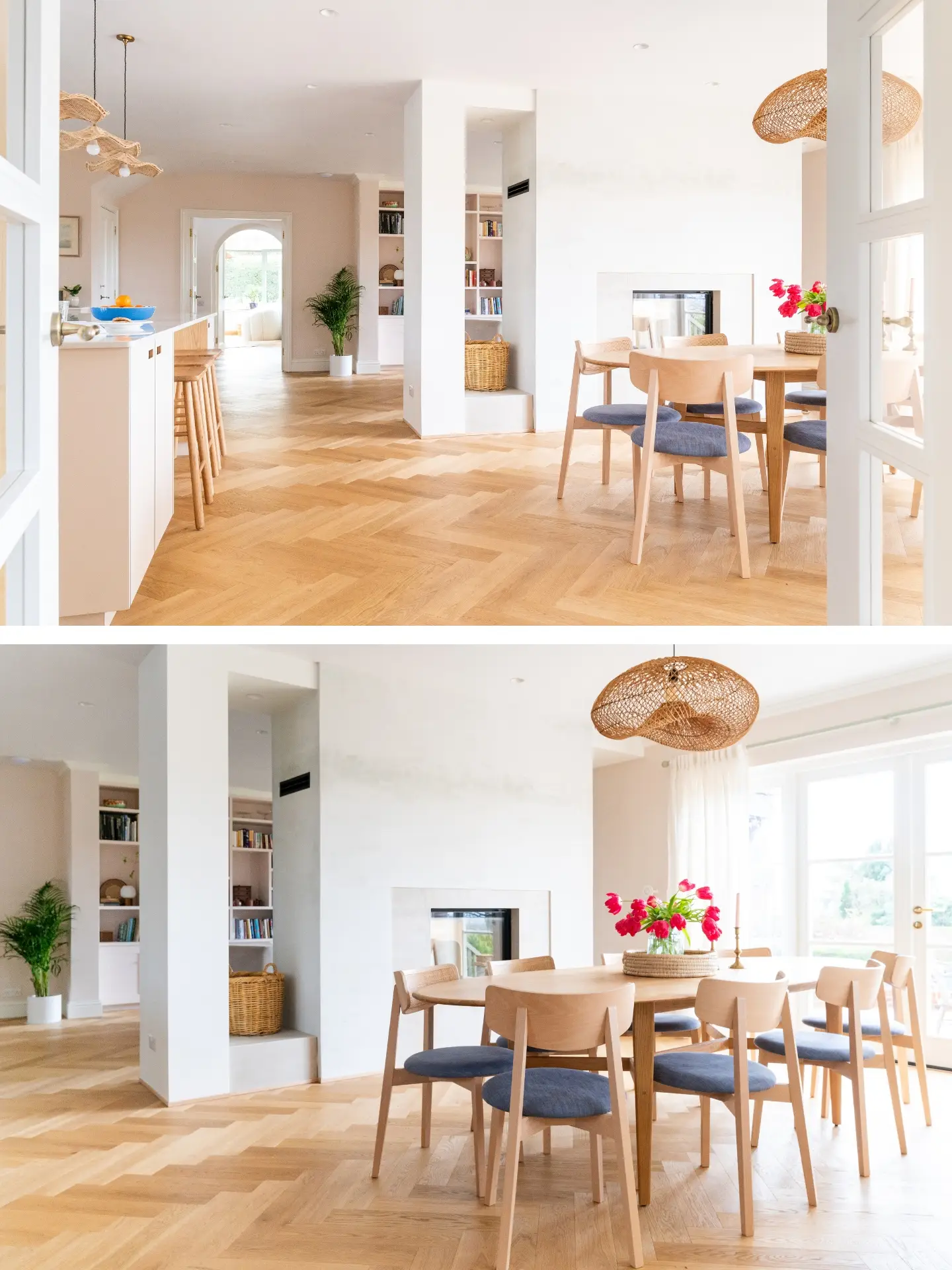 An open plan home in the Surrey Hills with pale beige and Sweet Chestnut wood Pluck cabinetry.
