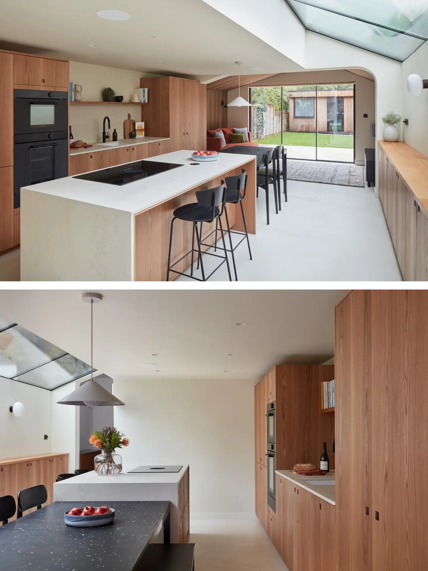 Elm wood family kitchen with a waterfall edge island for keen cooks and custom shallow cabinets for children's toys and crafts.