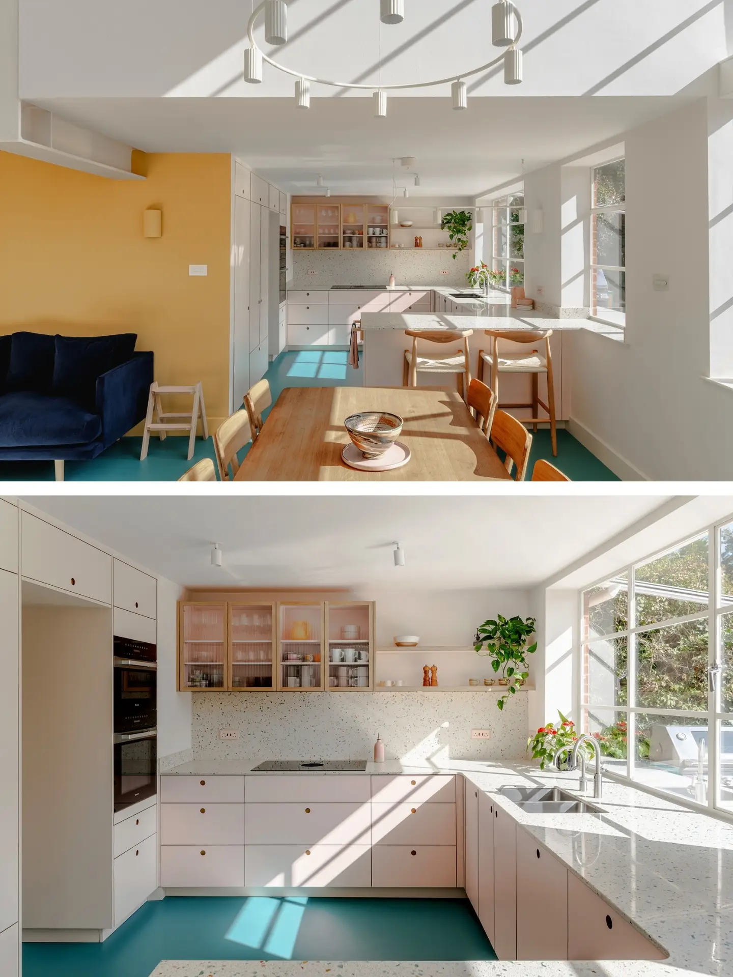 Pastel kitchen with pale pink and soft beige cabinets including a peninsula, all topped with terrazzo, surrounded by a bold blue floor.