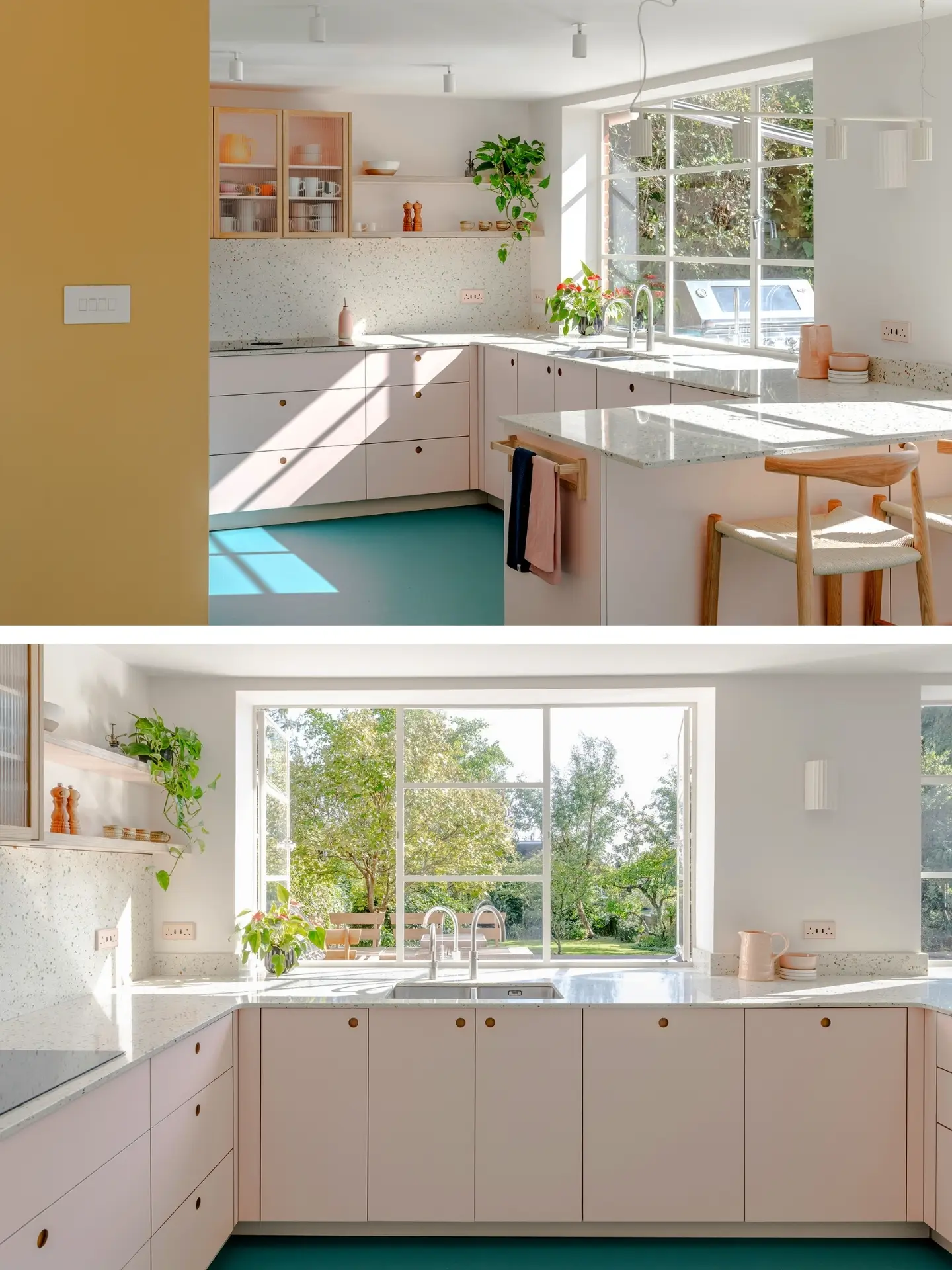 Pastel pink and beige Pluck cabinetry in an open plan space with a bright blue floor.