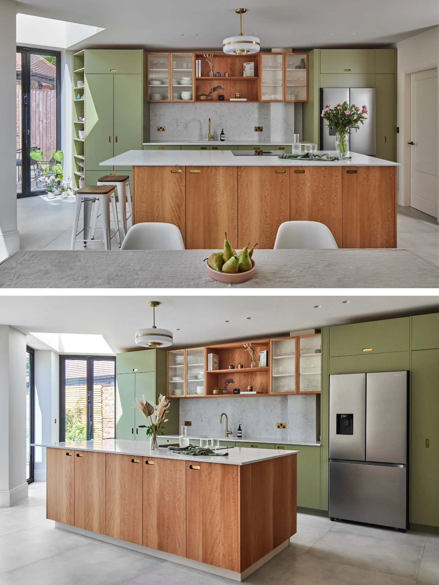 Chic family kitchen in Finchley with khaki green and London Plane cabinetry and extra texture added with fluted glass and brass details.
