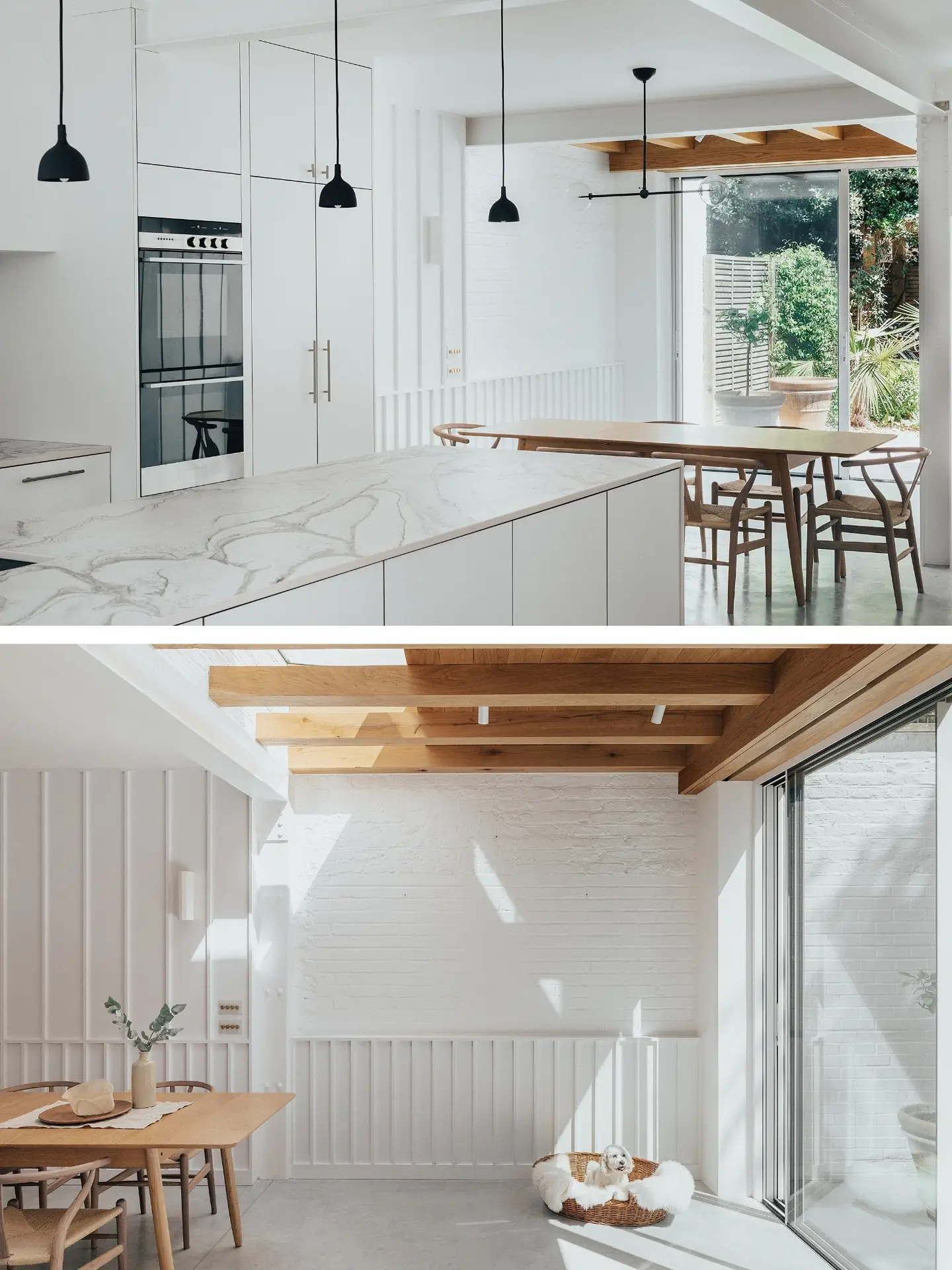 Sleek white minimalist Pluck kitchen with a swirling marble topped island in a renovated Notting Hill Victorian townhouse.