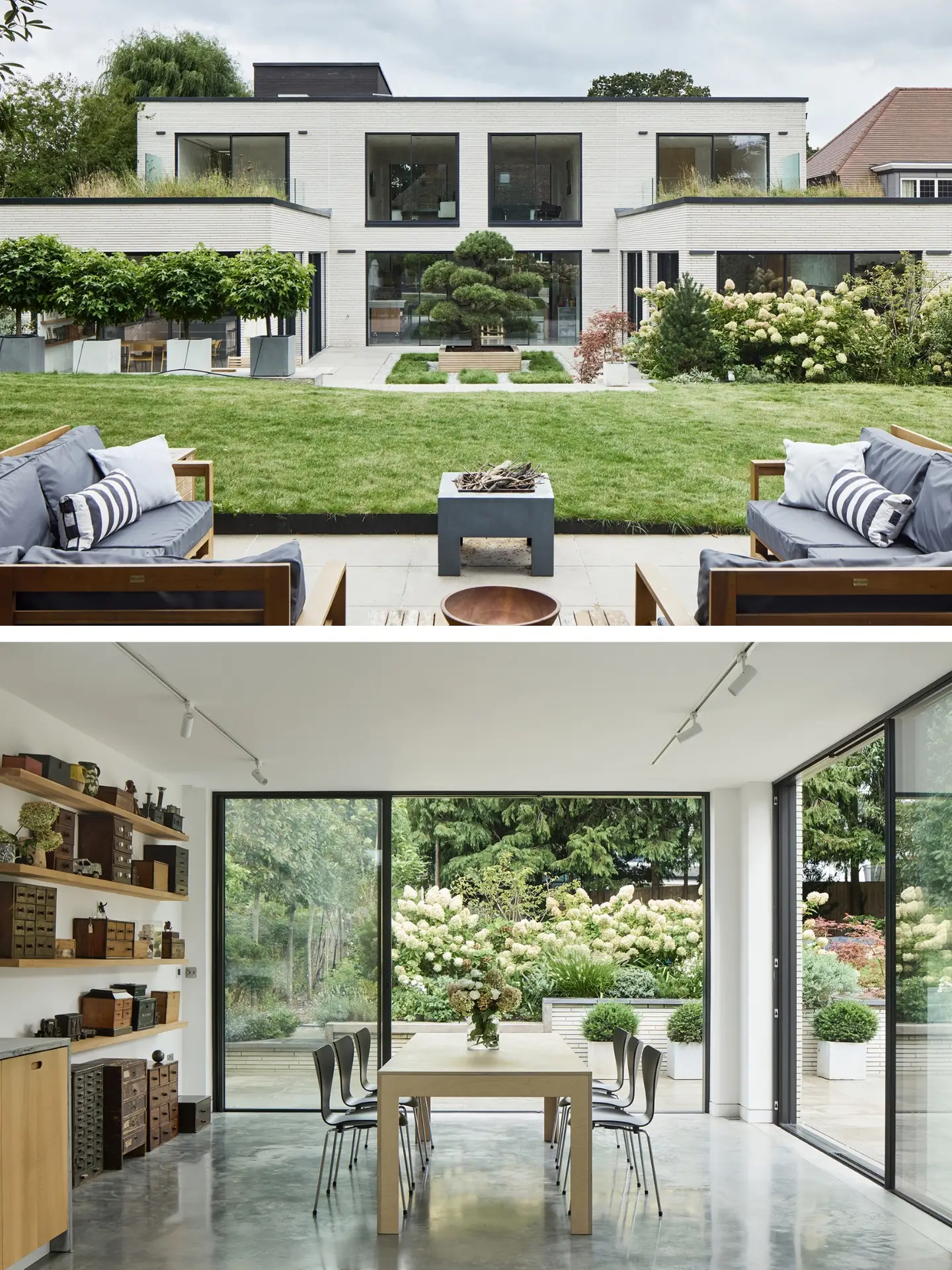 Two neighbouring homes with Pluck cabinetry including a wood and white kitchen and a pink kitchen, both with concrete.