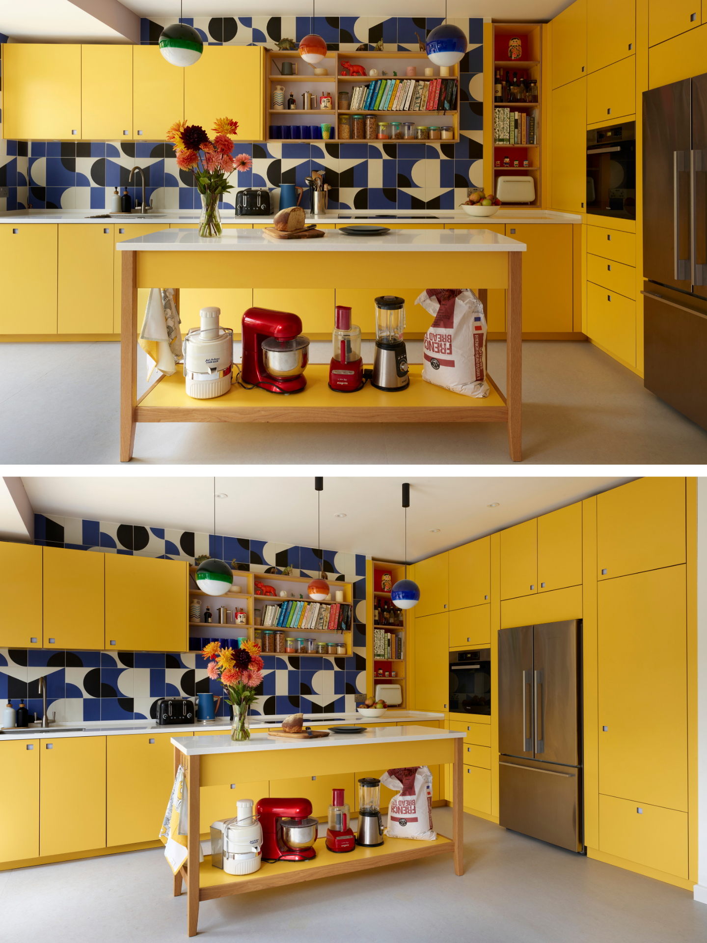 Bright sunshine yellow kitchen in Herne Hill with a freestanding prep table island and cobalt blue patterned tile splashback.