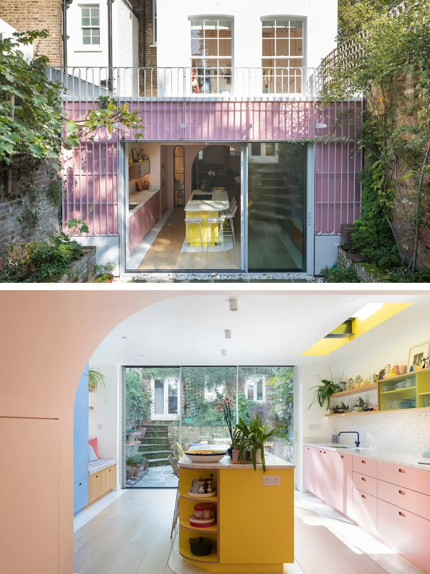 Family kitchen with a playful colour scheme including pink, blue and yellow cabinetry with curved walls, windows and island terrazzo worktop.