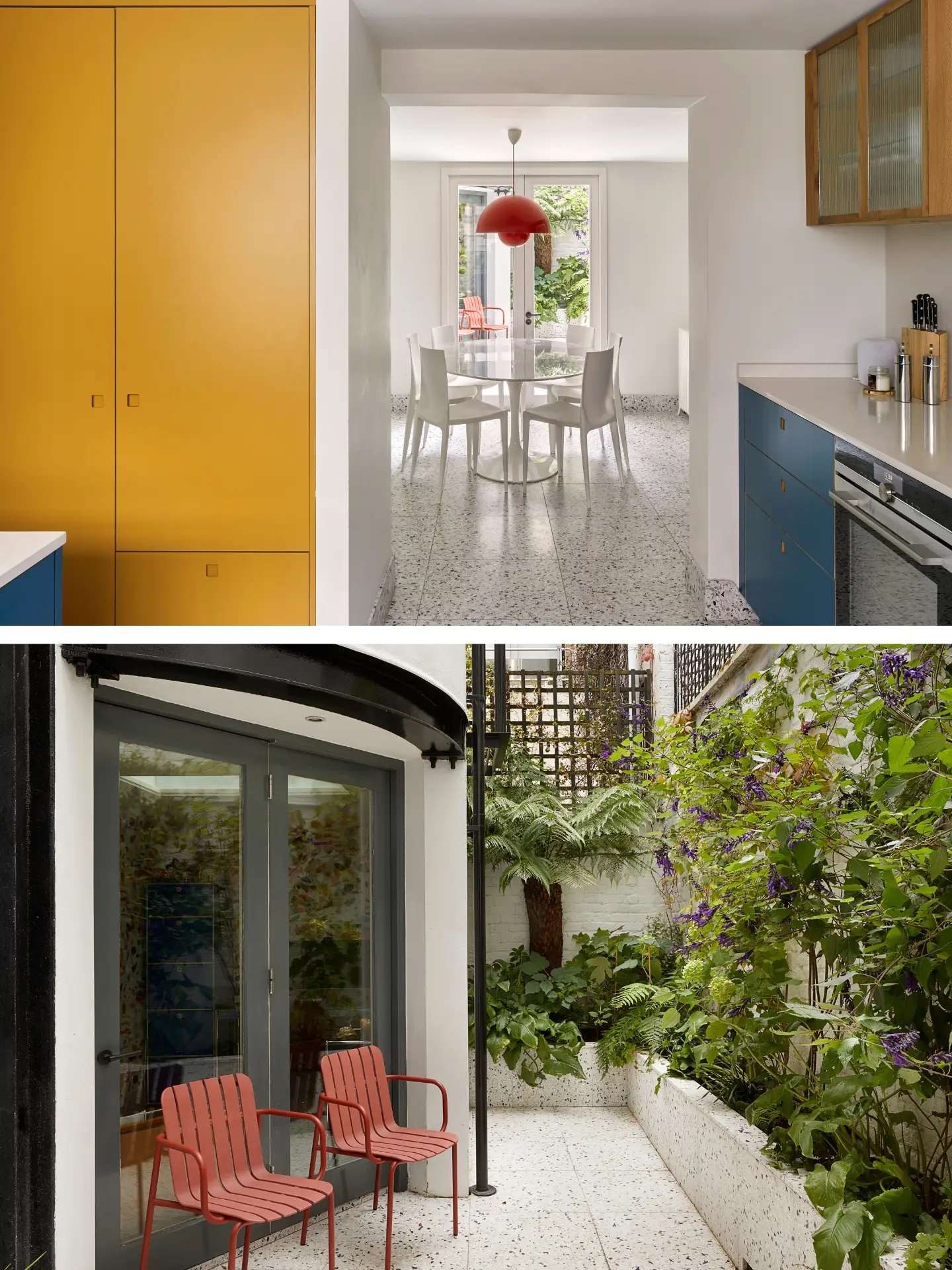 Blue, mustard yellow and wood Pluck kitchen in a Westminster townhouse basement.