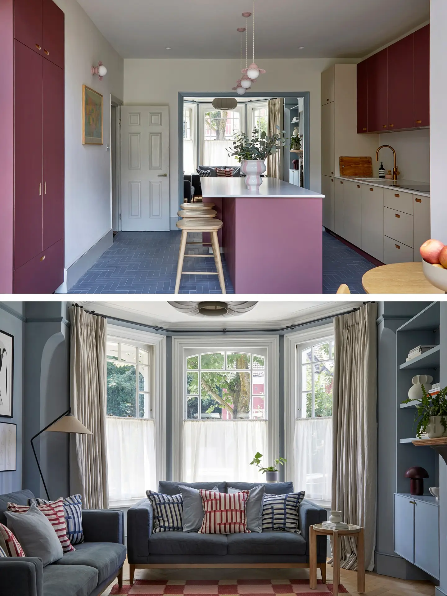 Edwardian home with Pluck's Fenix laminate eco colours; raspberry red and soft beige linen cabinets including an island and larder.
