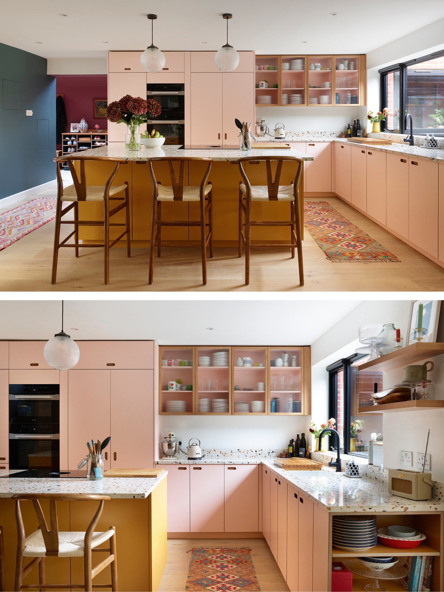 Open plan kitchen for a young family with colourful cabinets, a large island and blue walls.