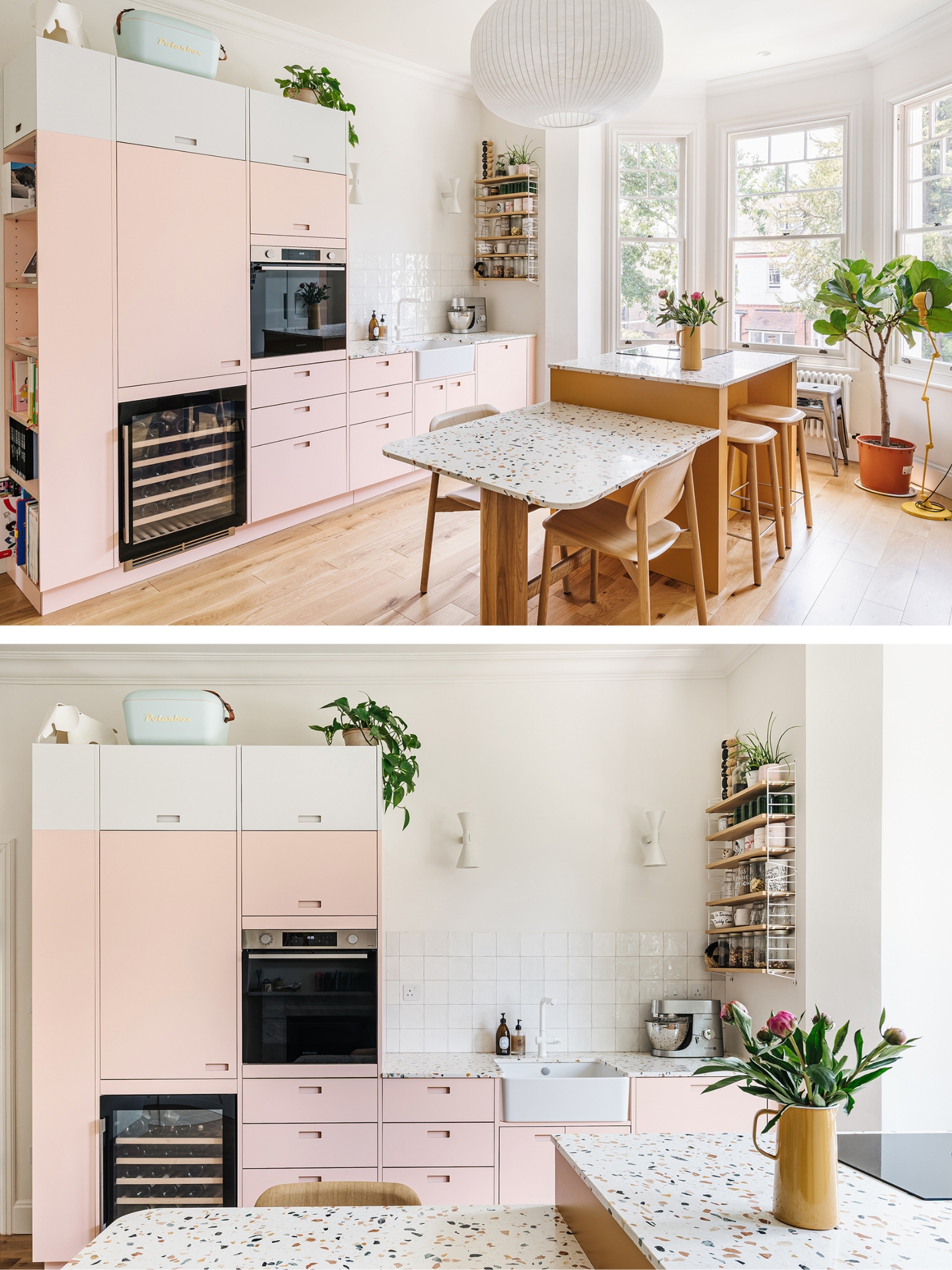 Set in a Victorian terrace, this pink kitchen is home to a young family who wanted to create pretty practical room with plenty of storage and a dining table.