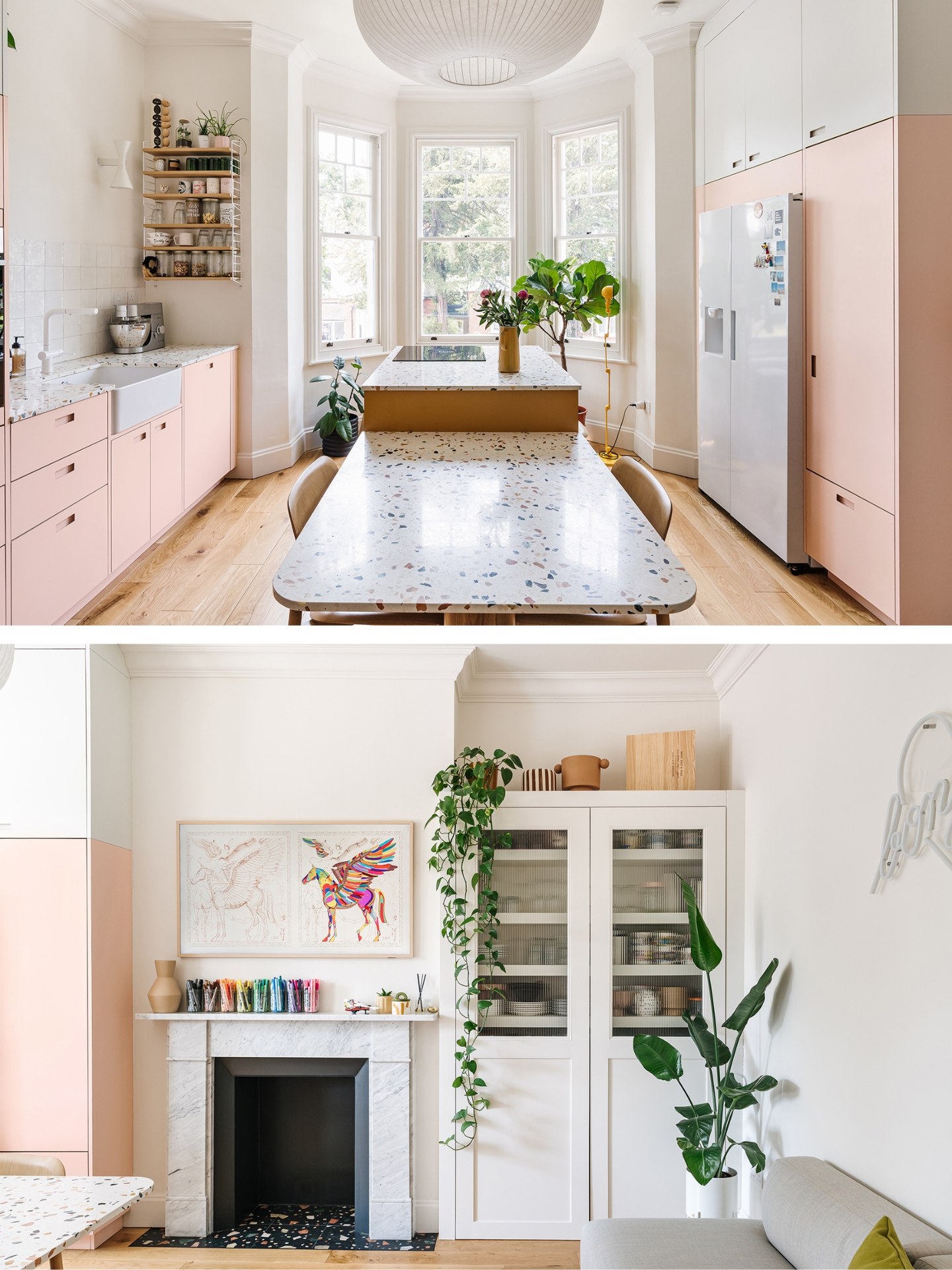 Set in a Victorian terrace, this pink kitchen is home to a young family who wanted to create pretty practical room with plenty of storage and a dining table.