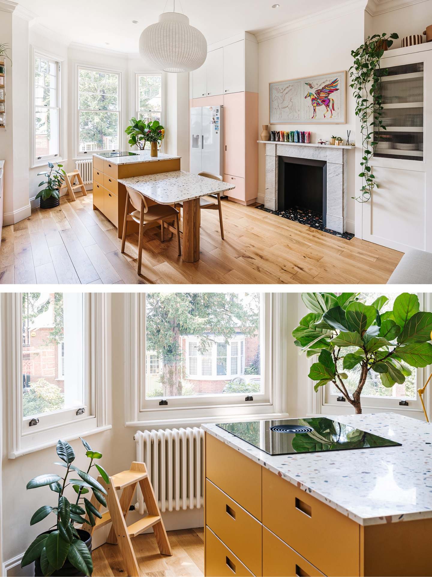 Bright Pluck kitchen with pastel pink cabinets, terrazzo worktops, and a dining table kitchen island combo in the centre.