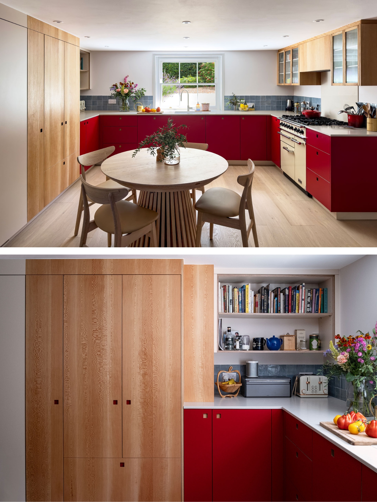 A u-shaped family kitchen in London with Pluck's Regent Red, London Plane wood and Eccles cabinets and a range cooker.