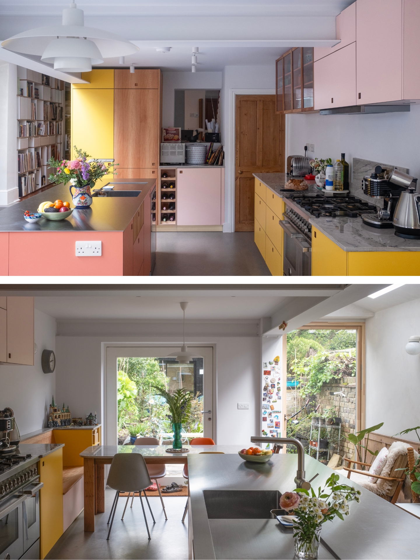 A busy family kitchen with an island, dining table, keyboard, soft seating and garden views.