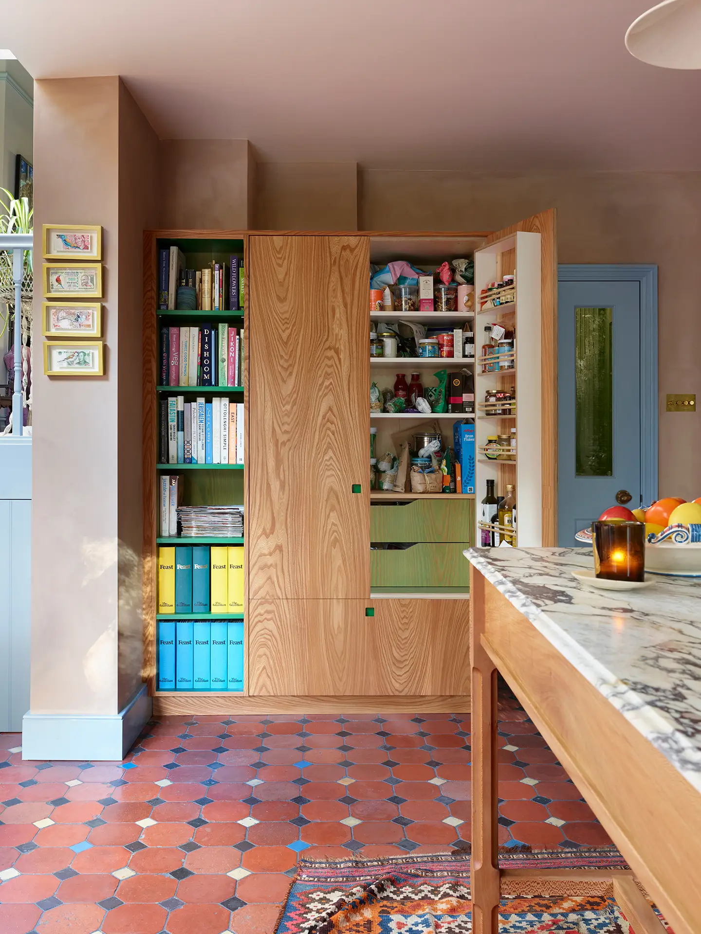 Elm wood larder cabinet with a door open to show internal shelving.
