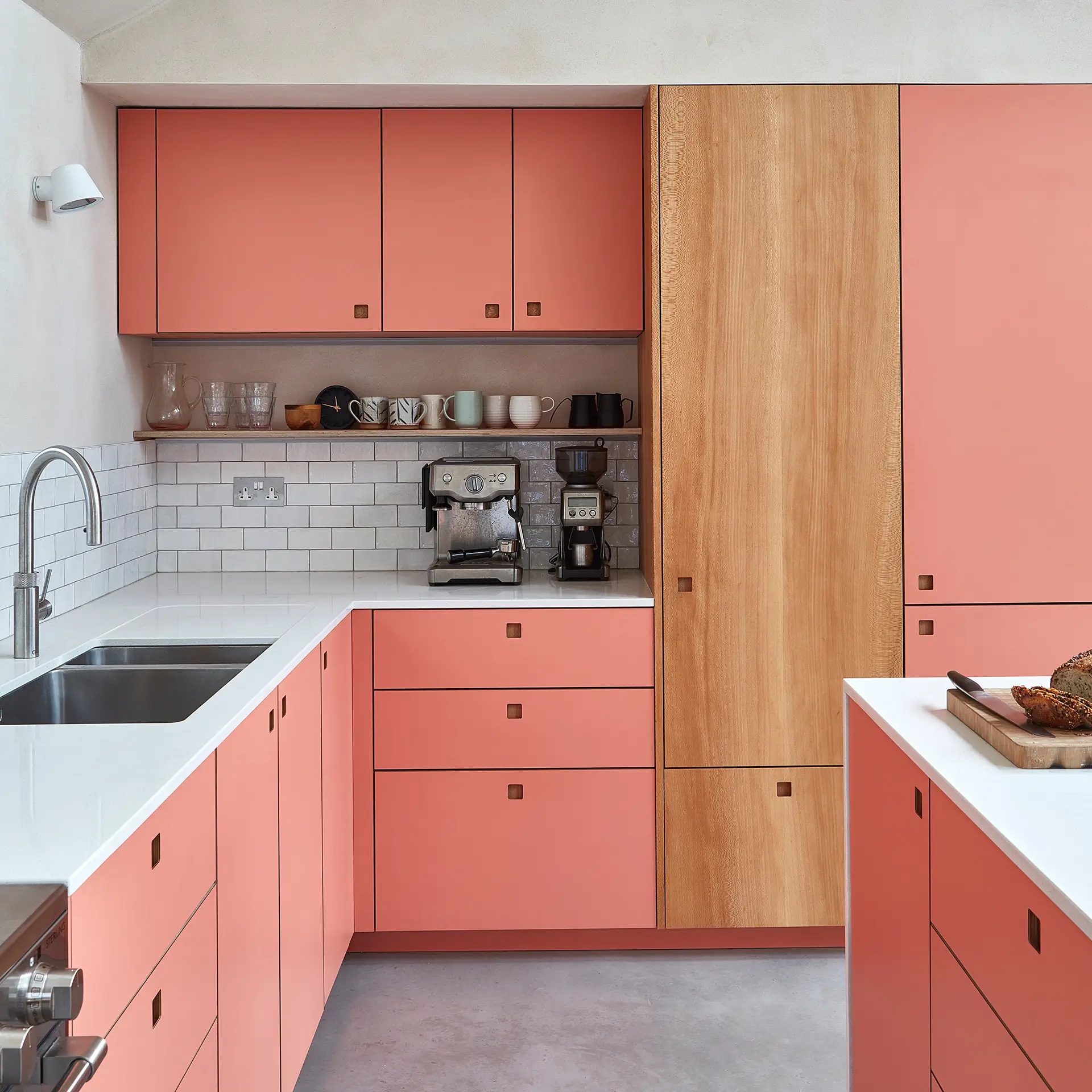 Pluck Kitchen with Ritzy pink and London Plane cabinetry.
