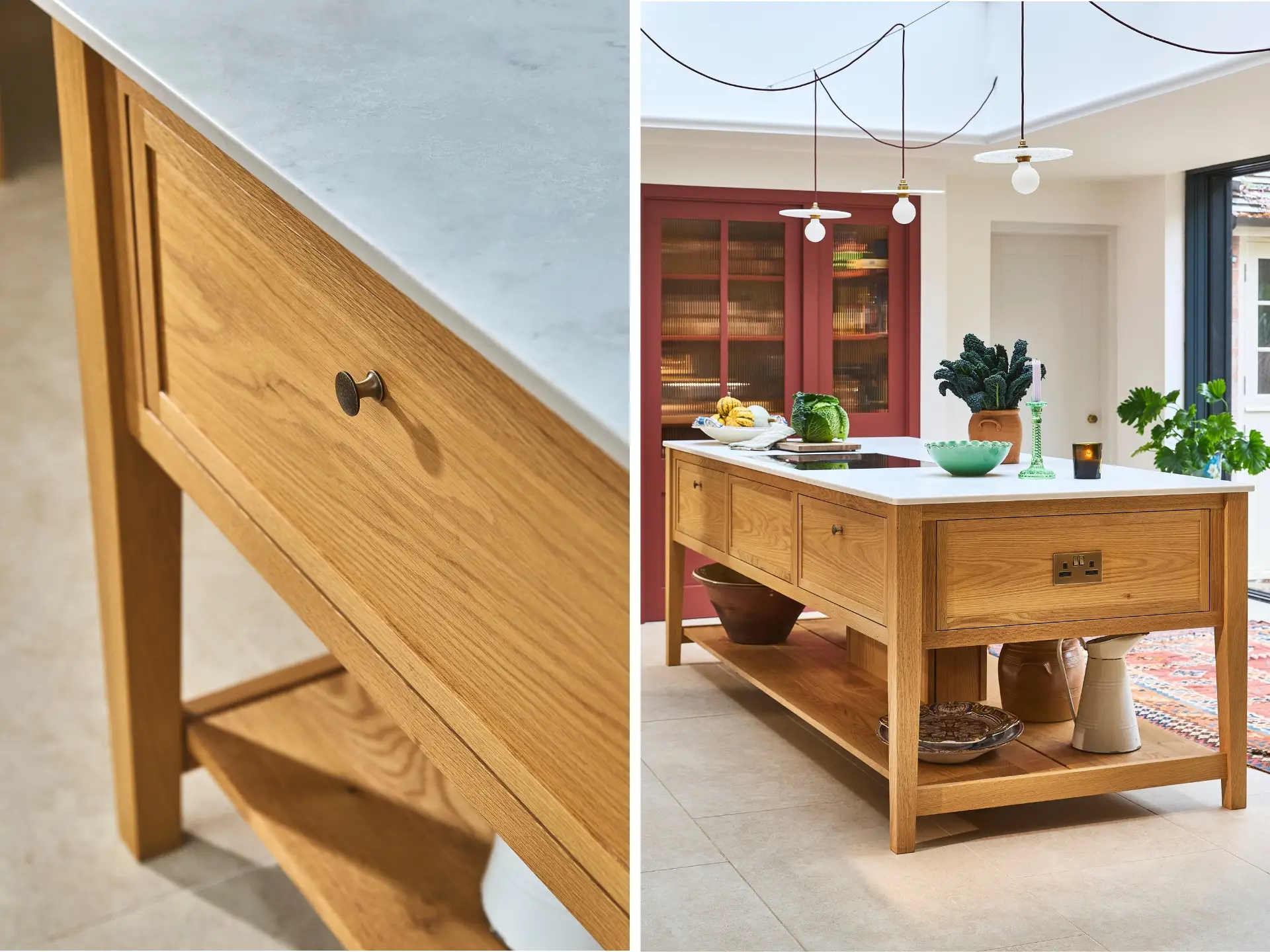 The Cook's Table by Pluck sits in the centre of a large kitchen and has a wooden frame with a stone worktop.