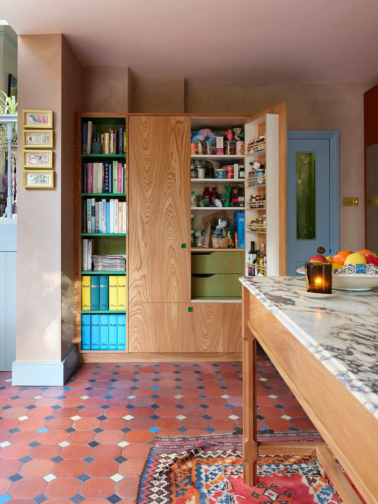 Elm wood larder cabinet with a door open to show internal shelving.
