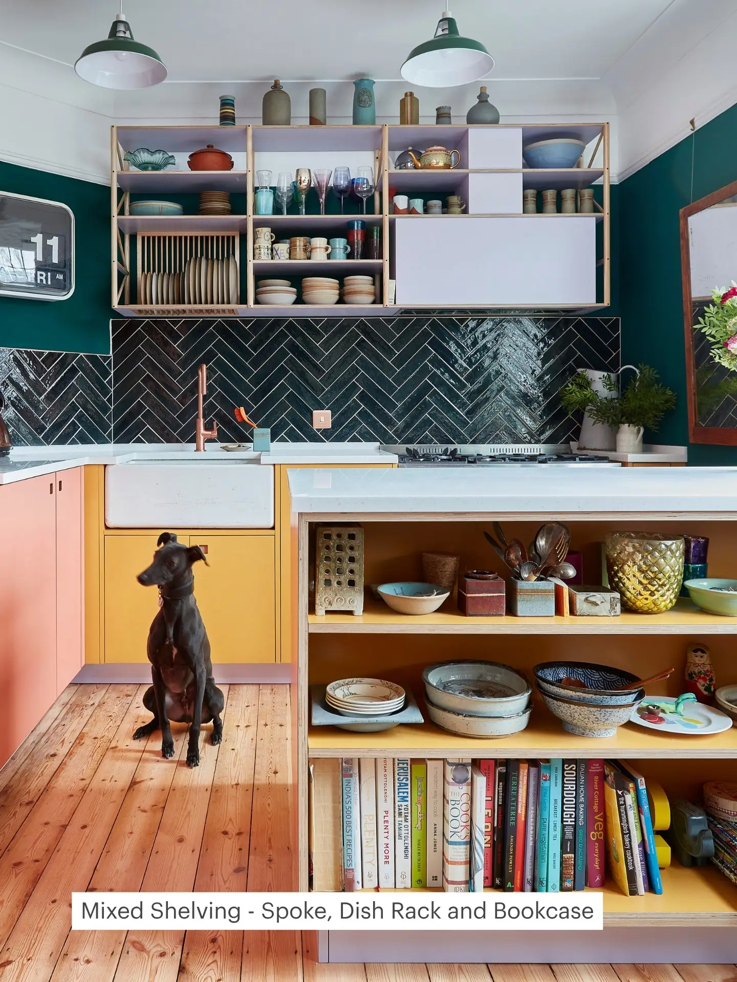 Rainbow hued kitchen by Pluck which includes lilac wall shelves and yellow cabinetry.